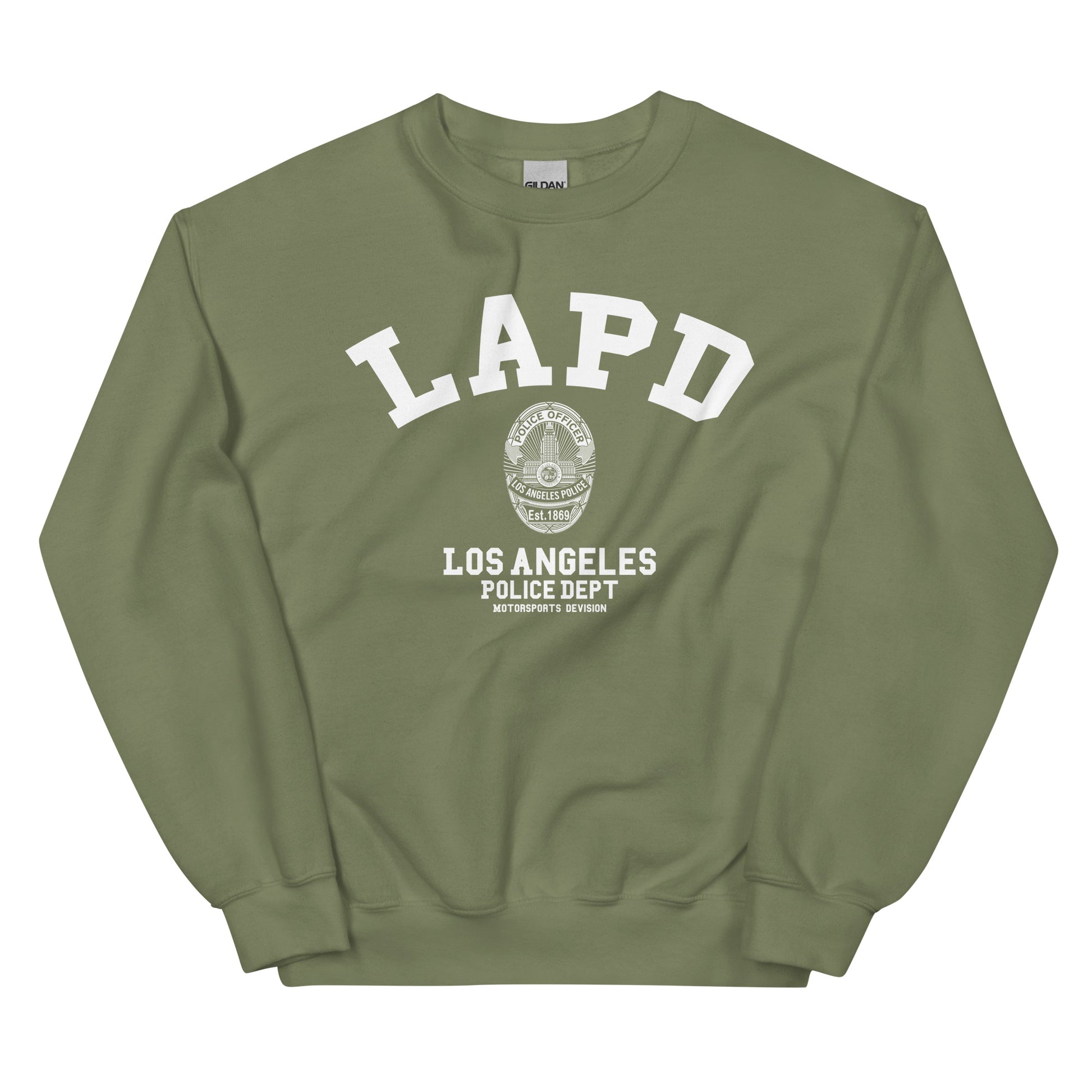 Green sweatshirt with LAPD Los Angeles Police Dept logo on a white background