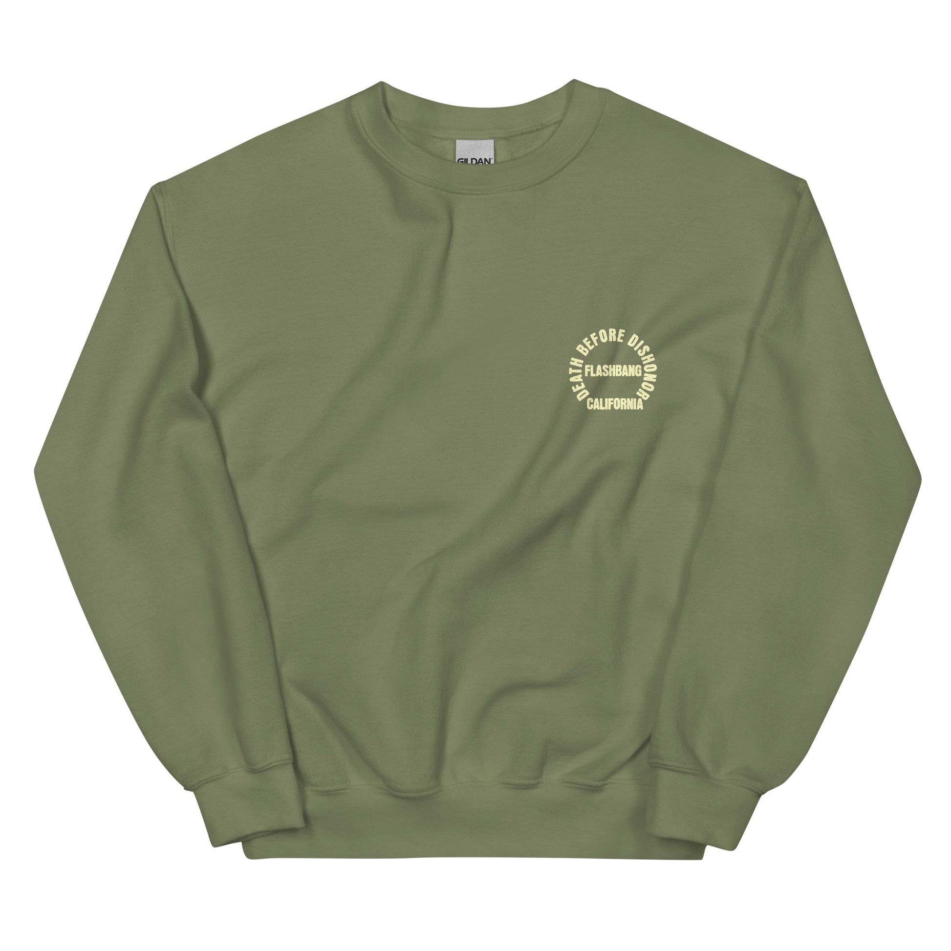 Green sweatshirt with a logo on a white background