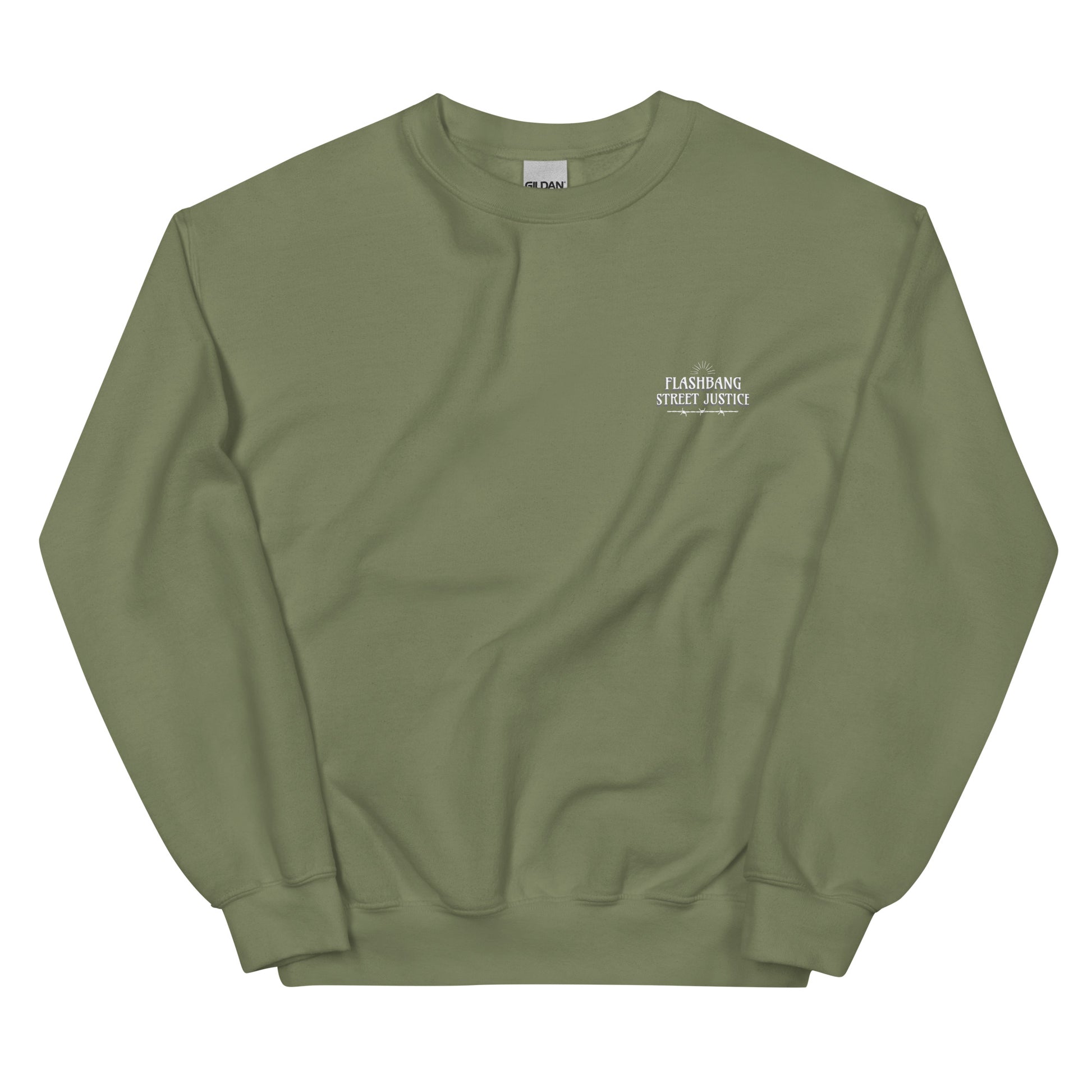 Green sweatshirt with a small logo on a white background