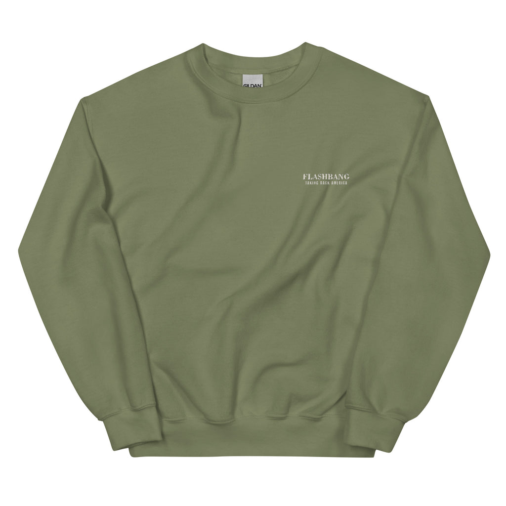 Green sweatshirt with a small logo on a white background