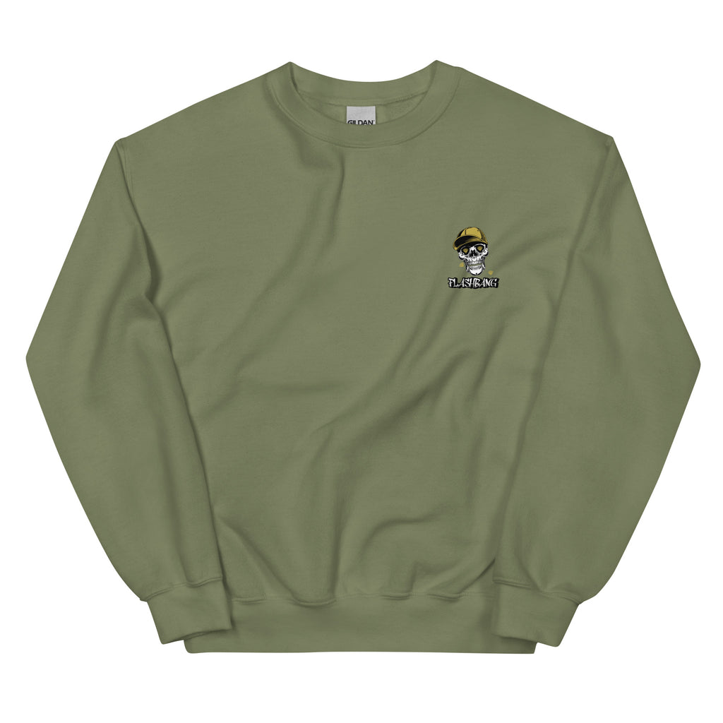 Green sweatshirt with a small logo on the chest against a white background