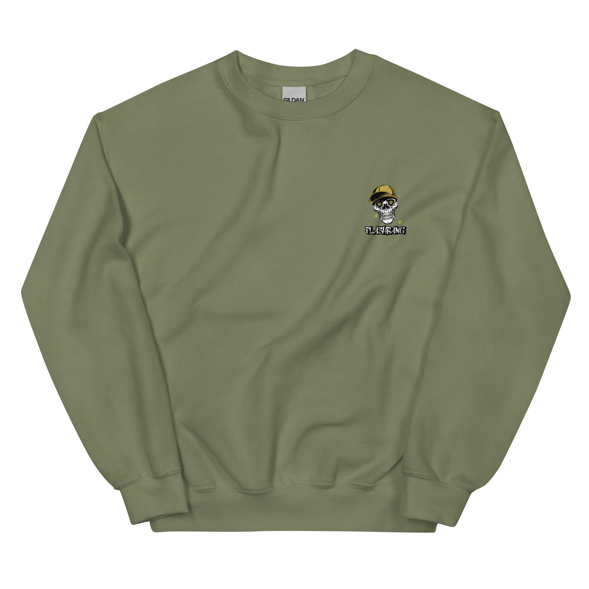 Green sweatshirt with a small logo on the chest against a white background