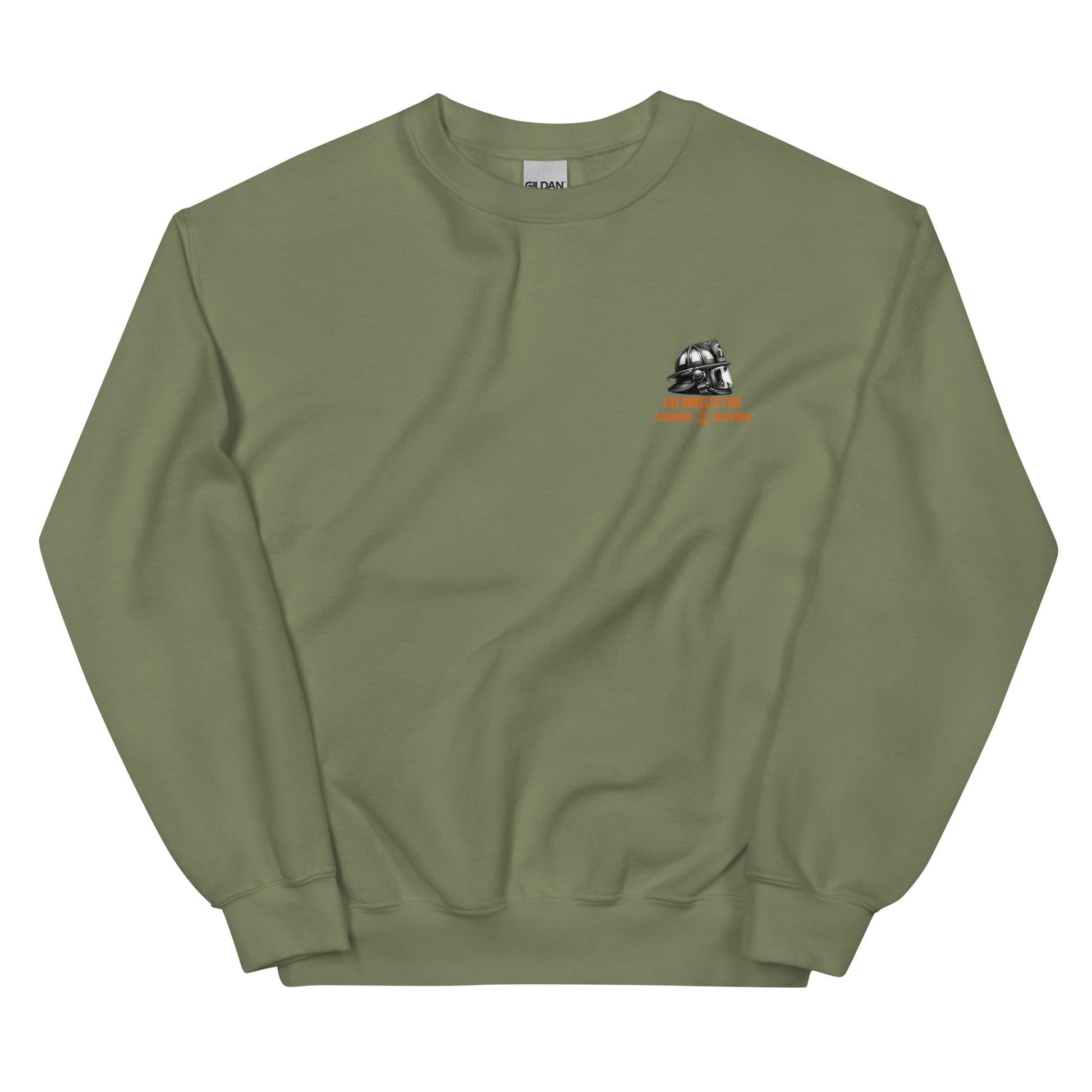 Green sweatshirt with a small logo on the chest against a white background