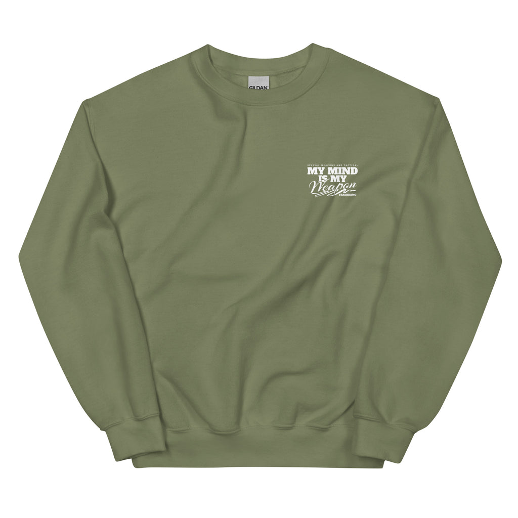 Green sweatshirt with text on a white background