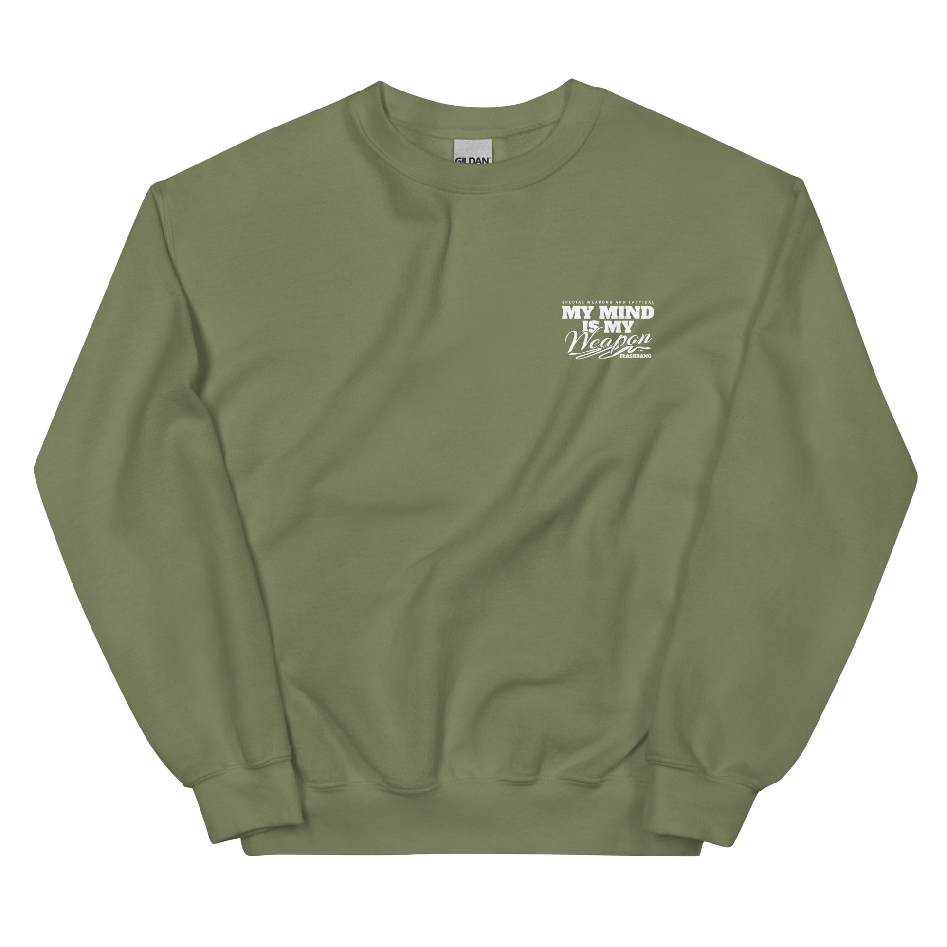 Green sweatshirt with text on a white background
