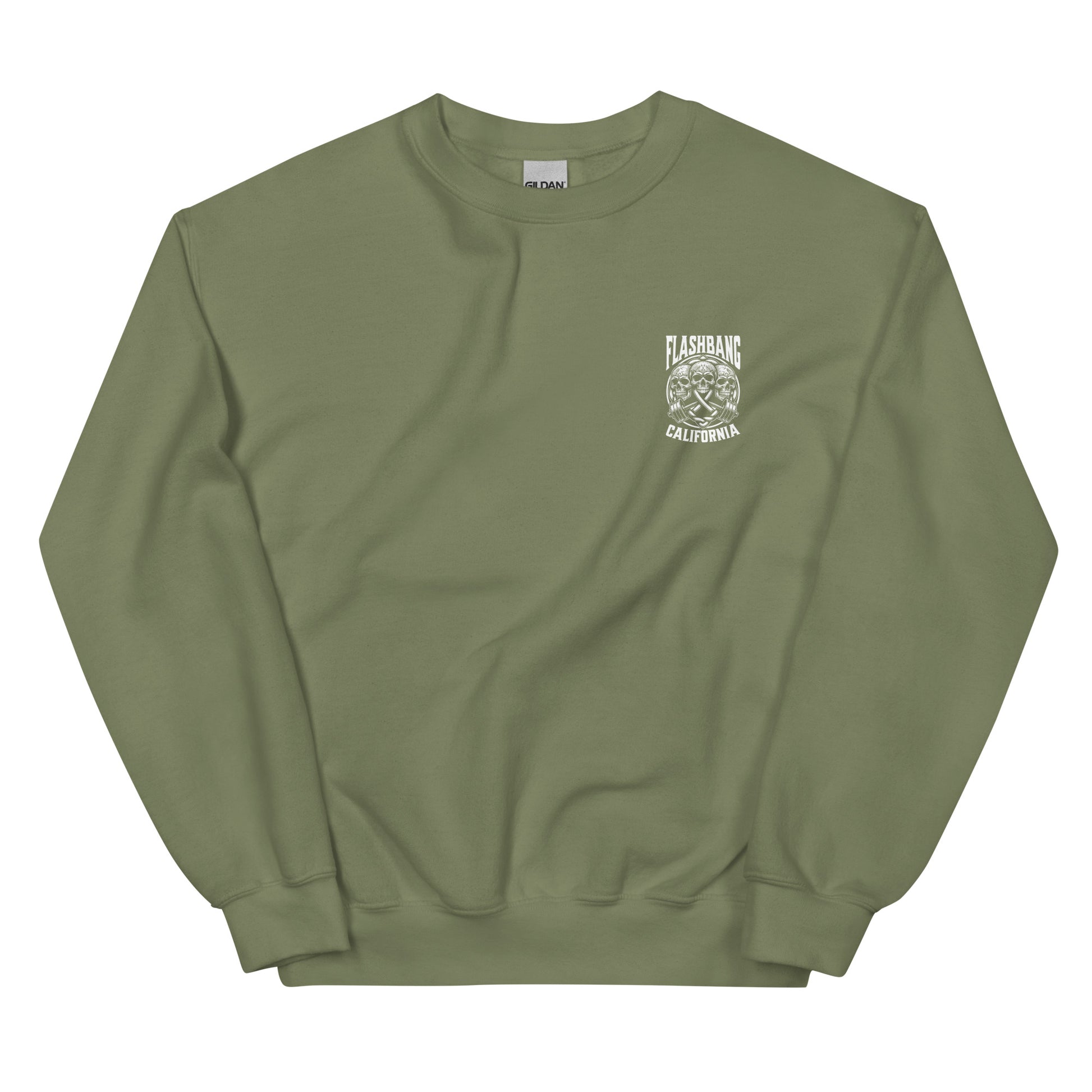Green sweatshirt with a logo on the chest against a white background