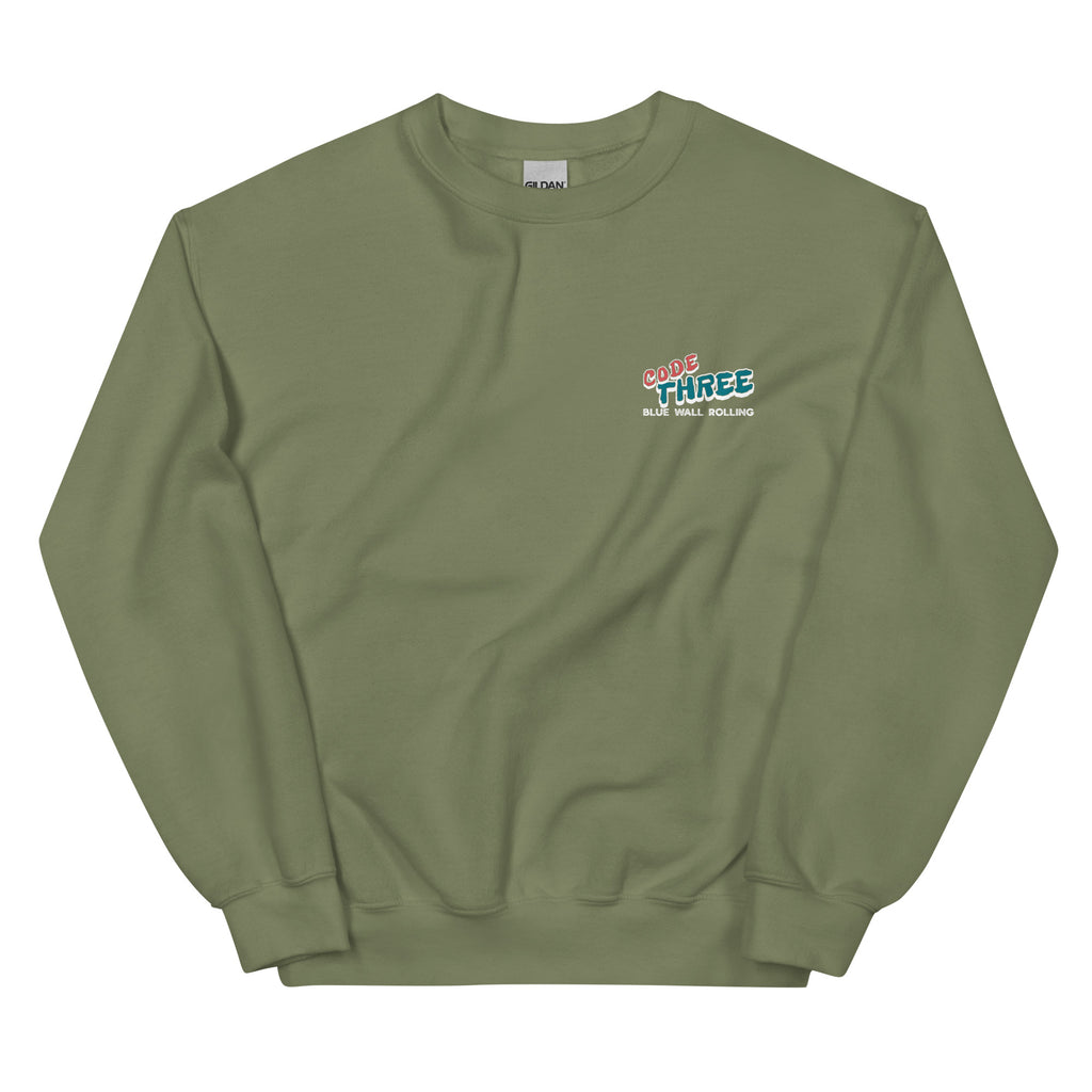 Green sweatshirt with a logo on the chest against a white background