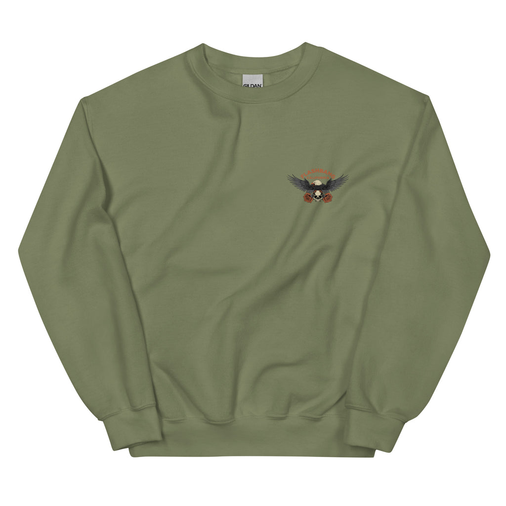 Green sweatshirt with a small graphic on a white background