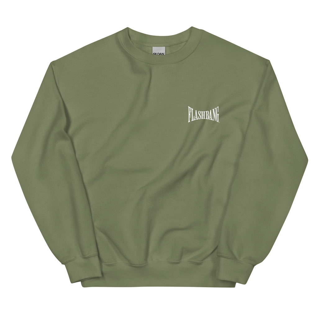 Green sweatshirt with 'FLASHBANG' logo on a white background