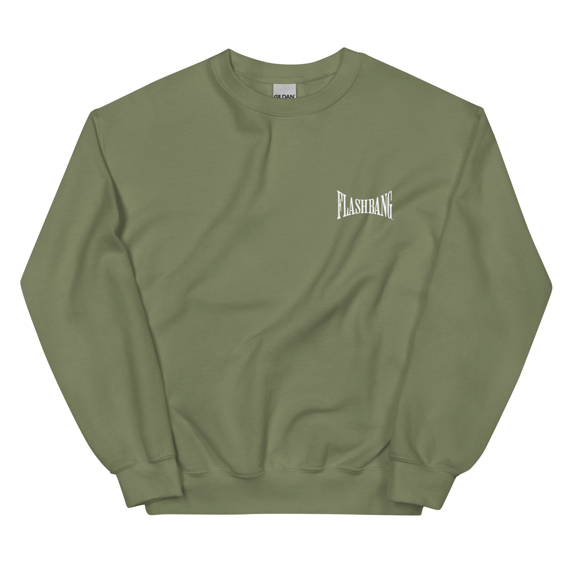 Green sweatshirt with 'FLASHBANG' logo on a white background