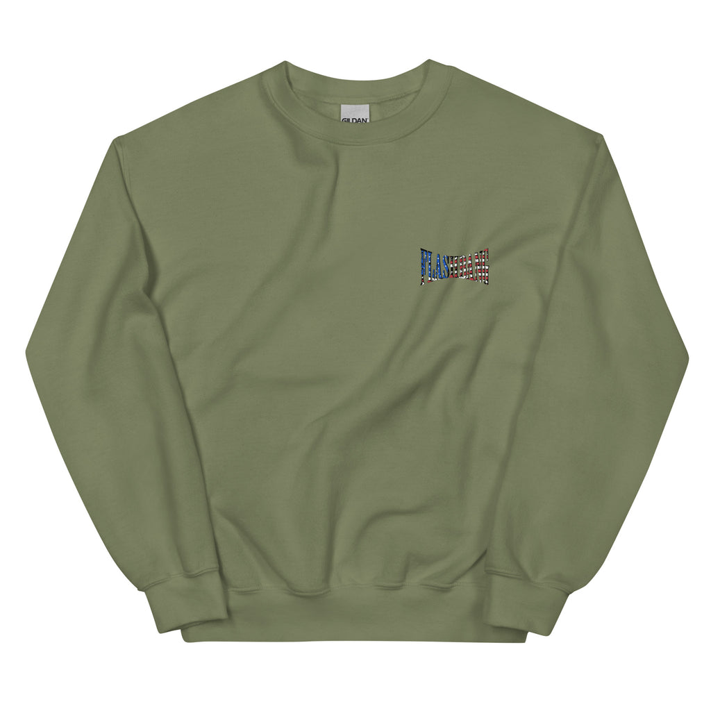 Green sweatshirt with a small colorful logo on a white background