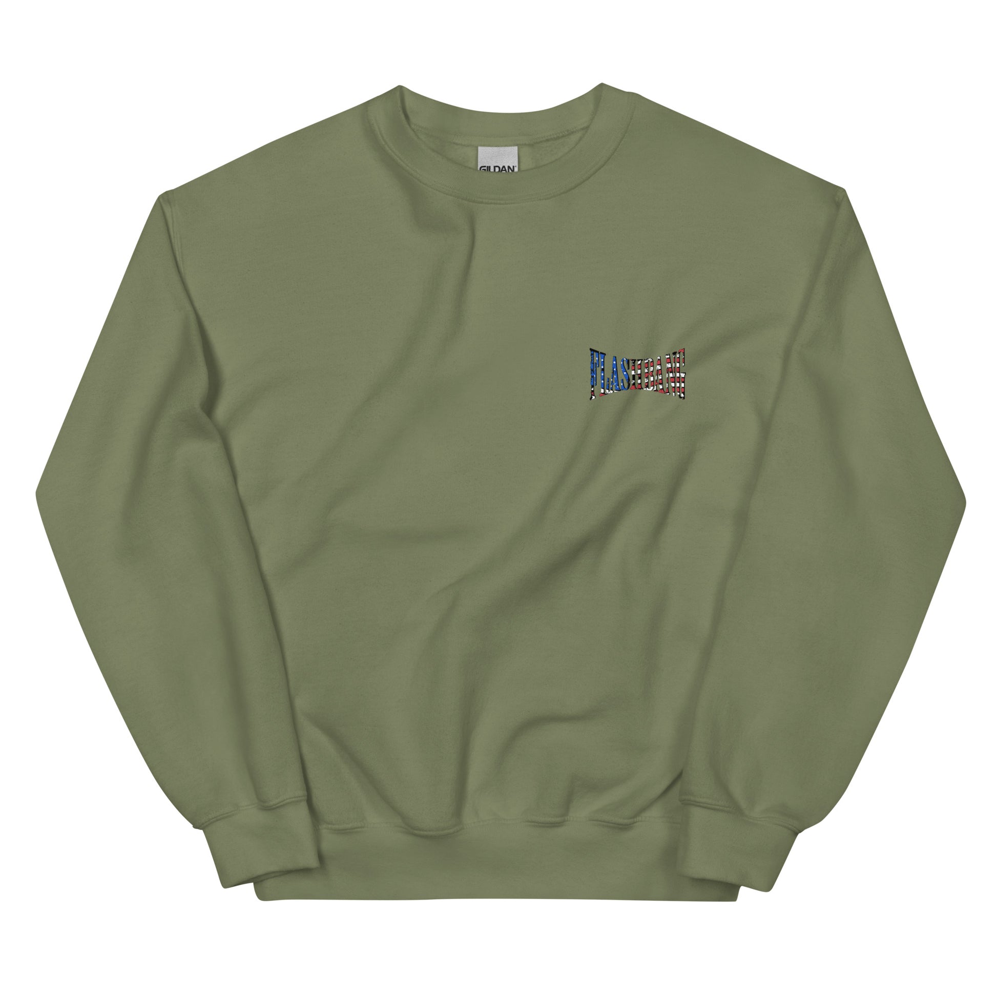 Green sweatshirt with a small colorful logo on a white background