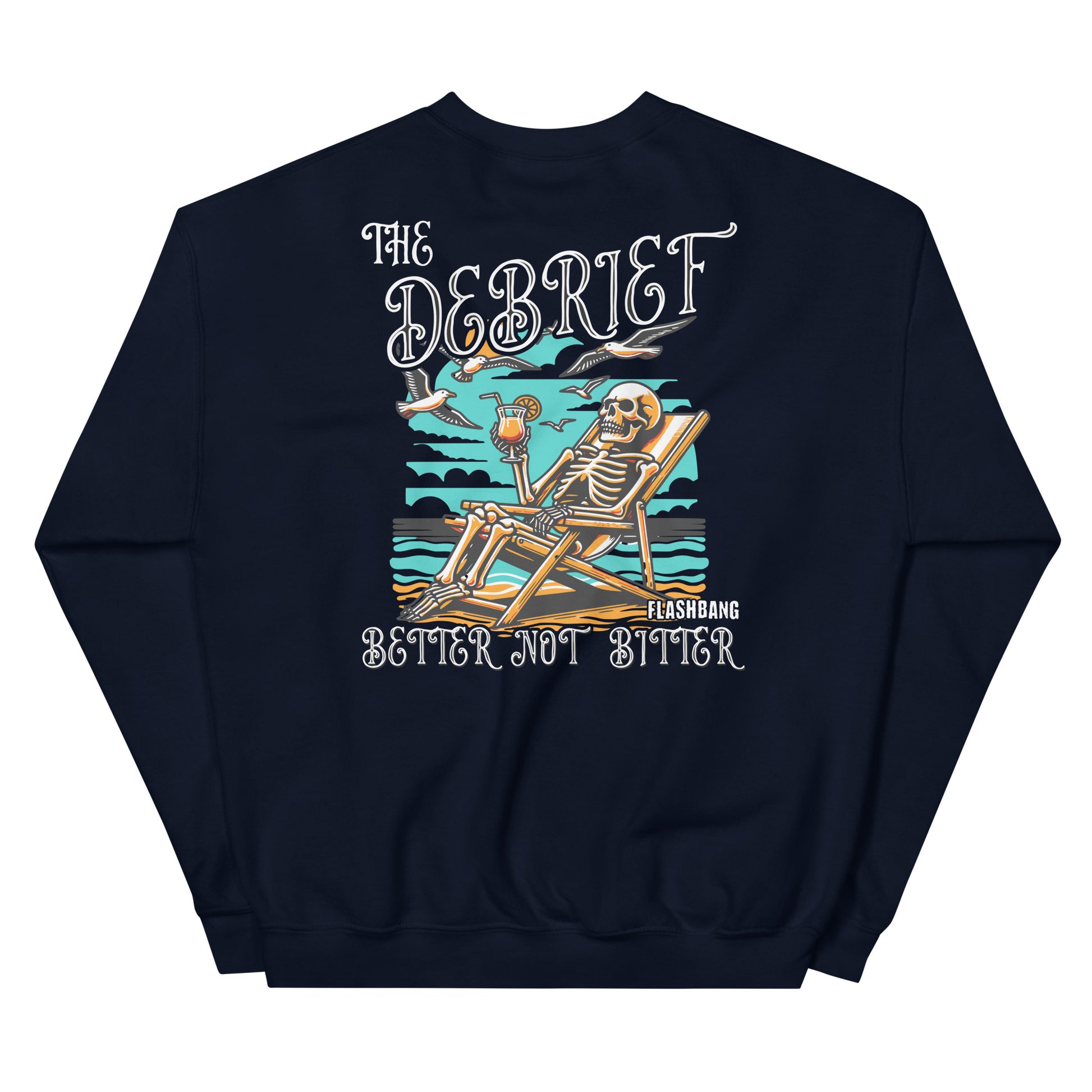 Black sweatshirt with a skeleton design and text on a white background
