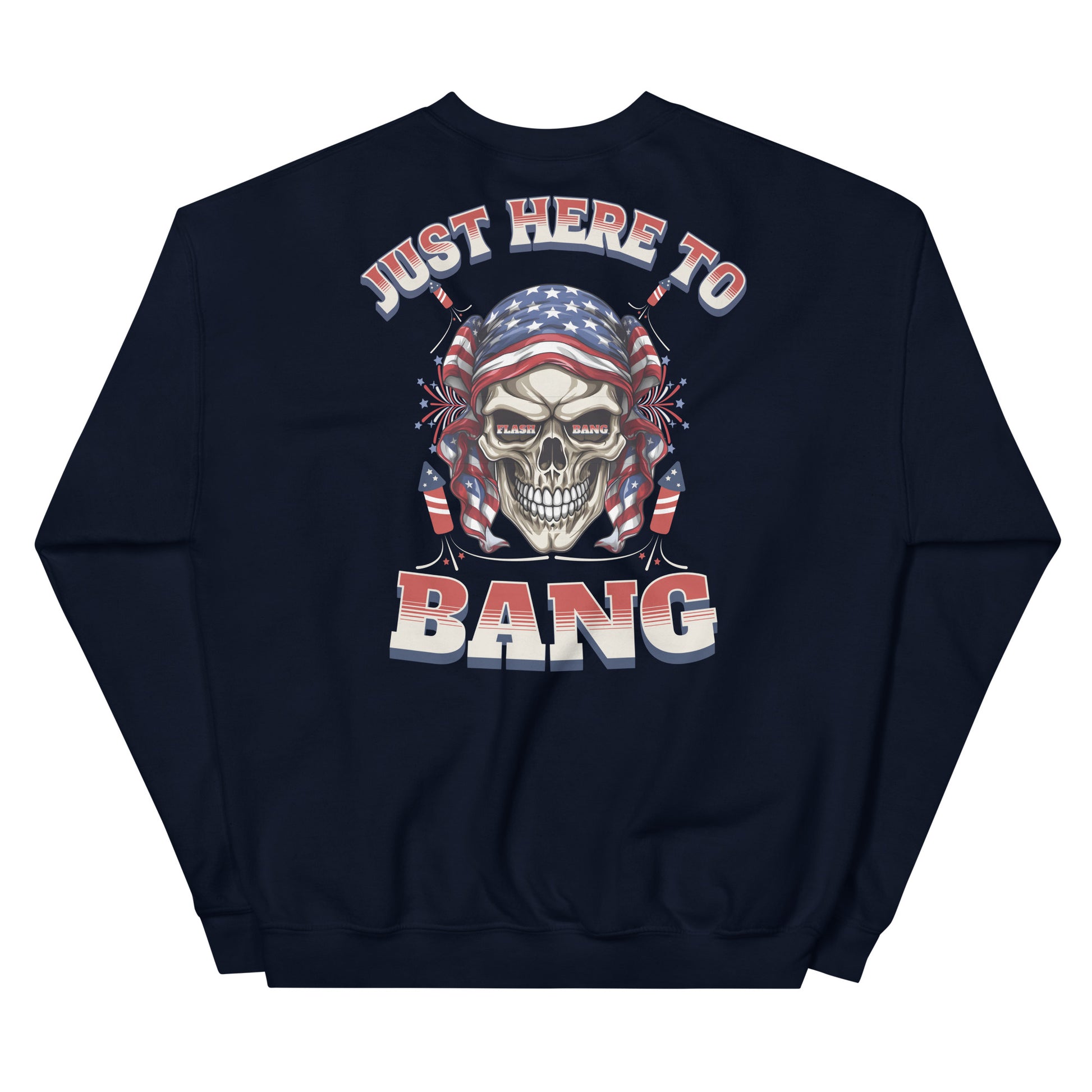 Navy blue sweatshirt with a skull design and text 'Just Here To Bang' on a white background