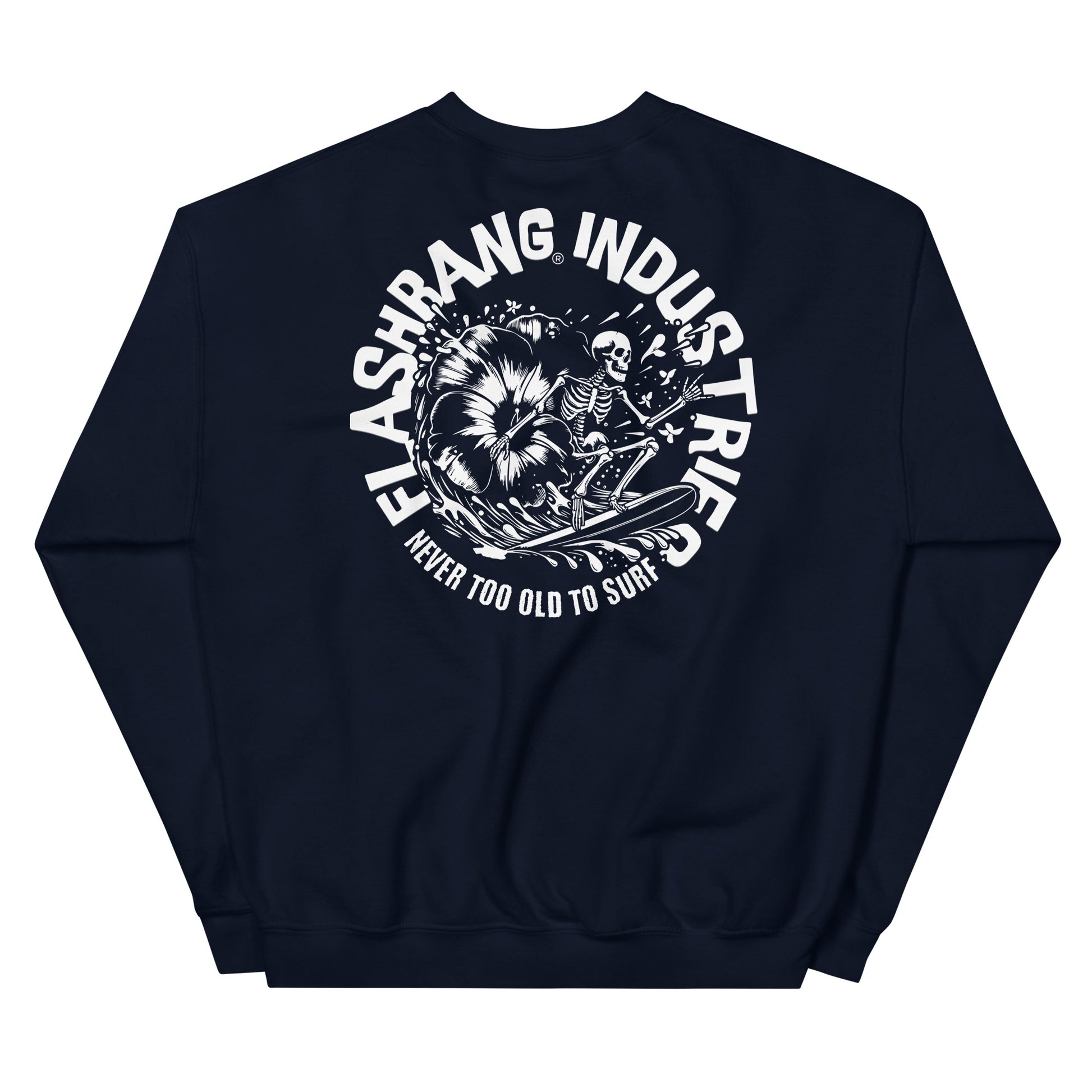 Navy blue sweatshirt with white graphic and text on a white background
