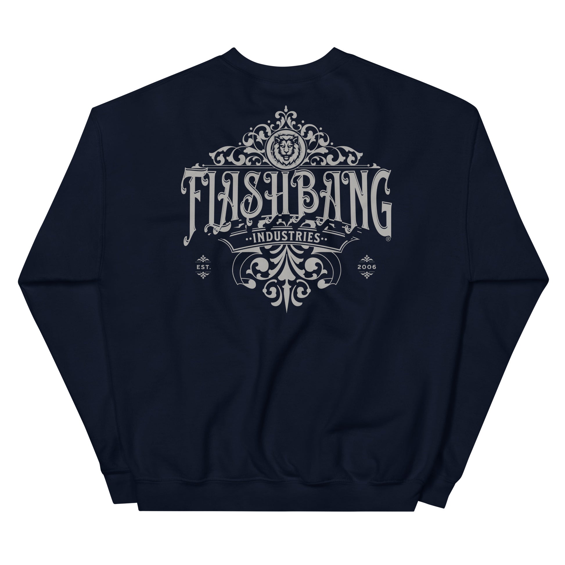 Navy blue sweatshirt with 'Flashbang Industries' logo on a white background