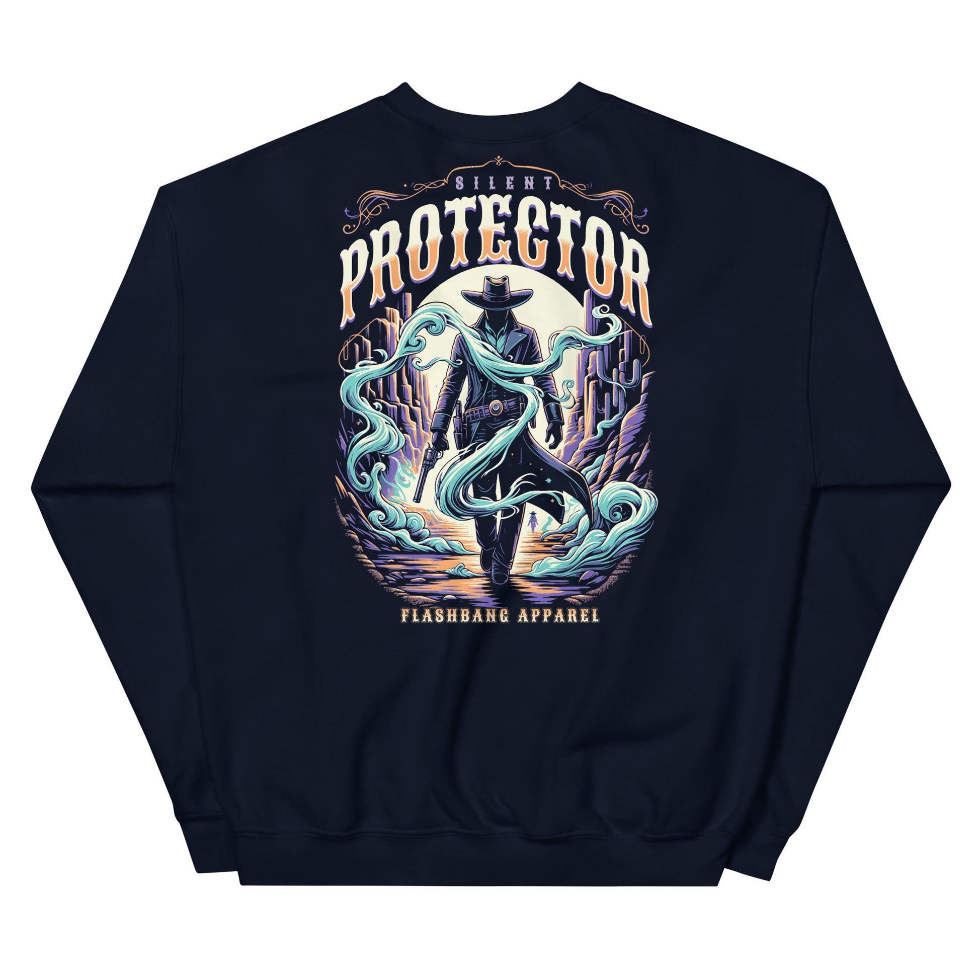 Navy blue sweatshirt with 'Silent Protector' graphic design on a white background