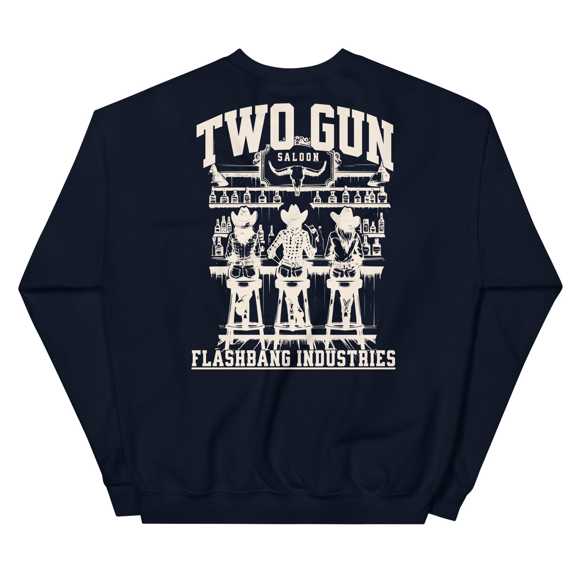 Navy blue sweatshirt with white graphic design on a white background
