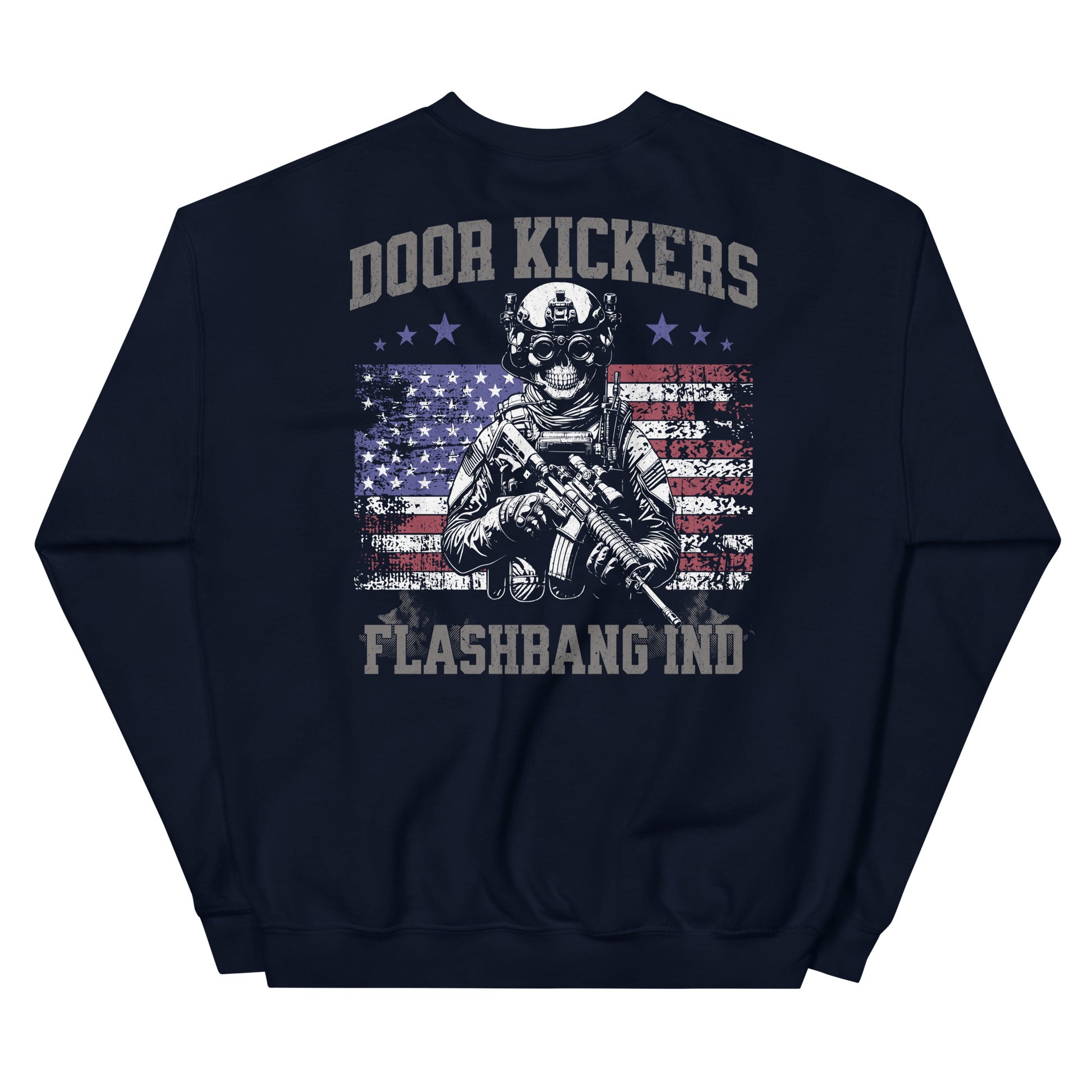 Navy blue sweatshirt with graphic design and text on a white background