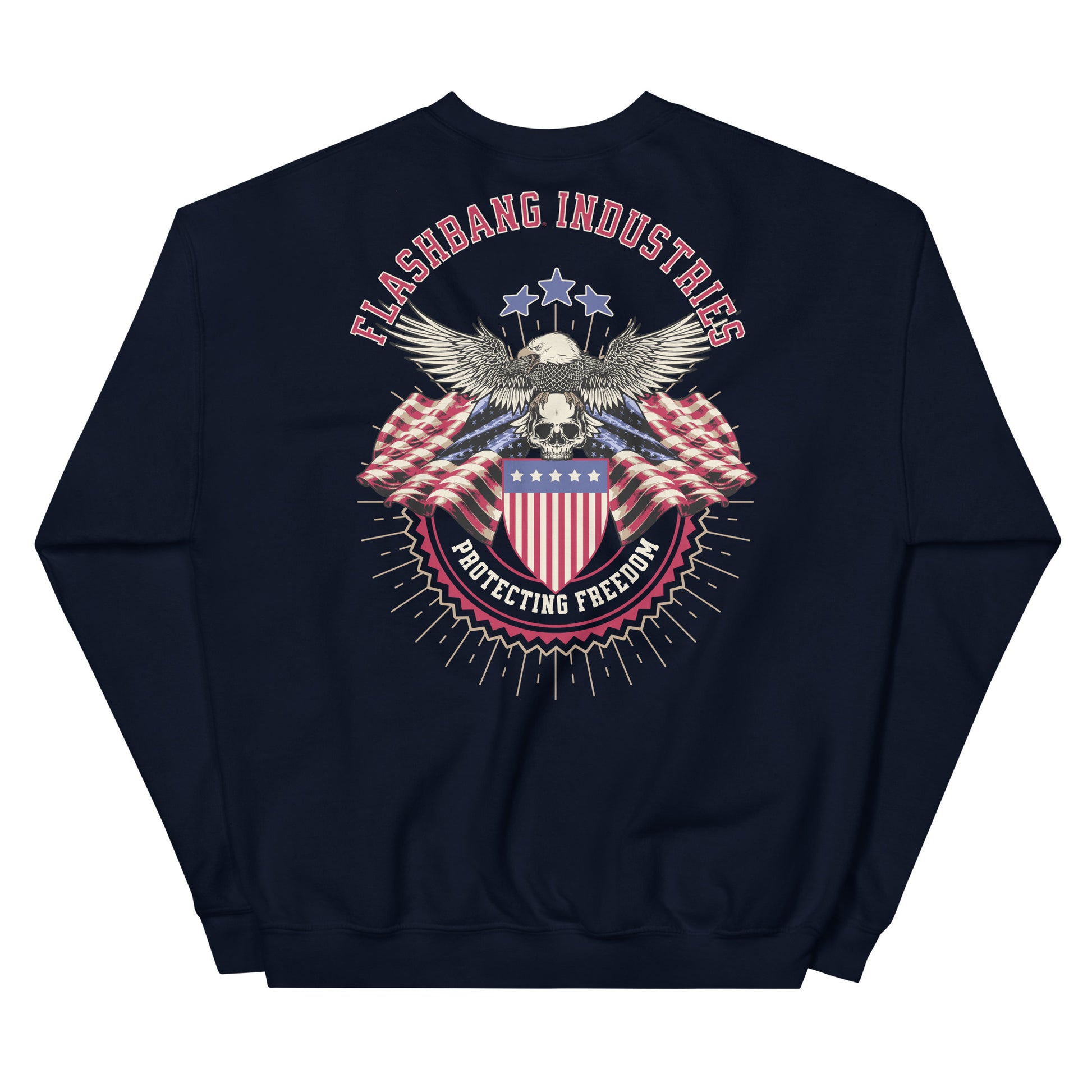 Navy blue sweatshirt with 'Flashbang Industries' graphic design featuring an eagle and American flag on a white background.