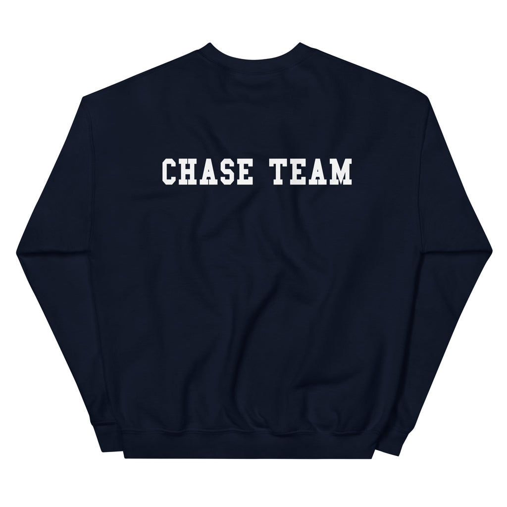Navy blue sweatshirt with 'CHASE TEAM' text on a white background