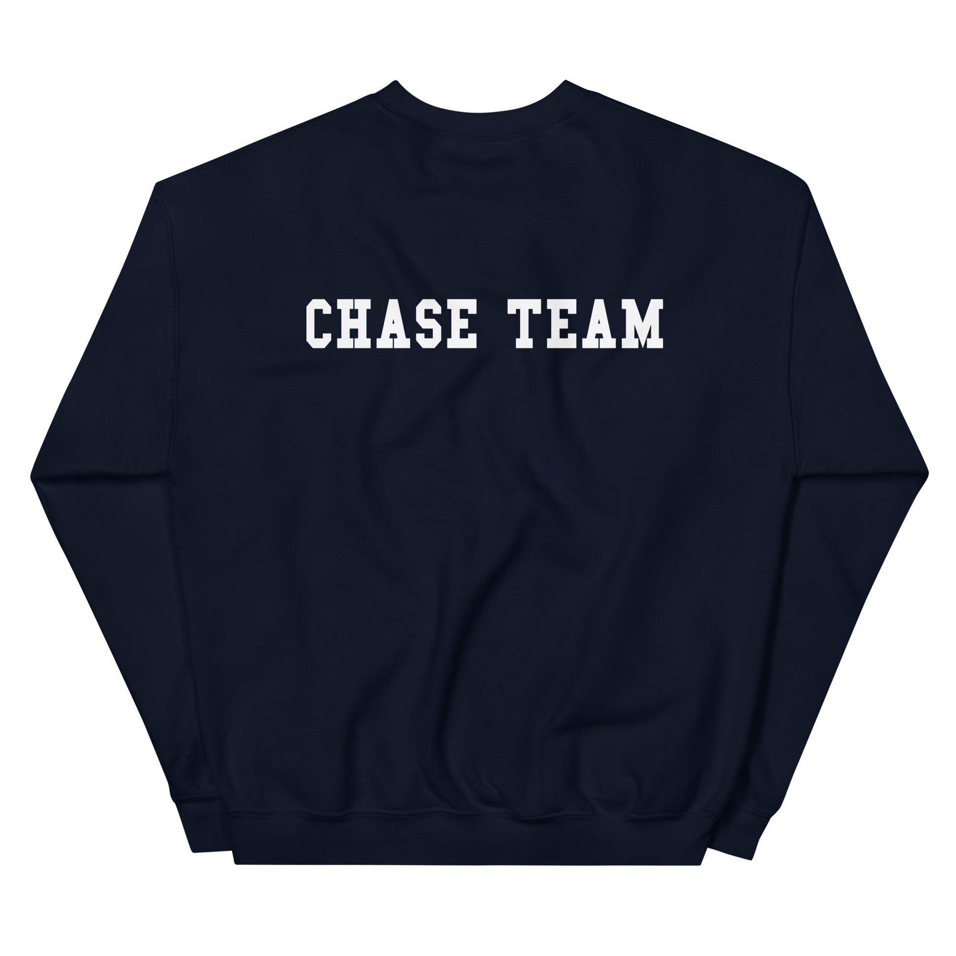 Navy blue sweatshirt with 'CHASE TEAM' text on a white background