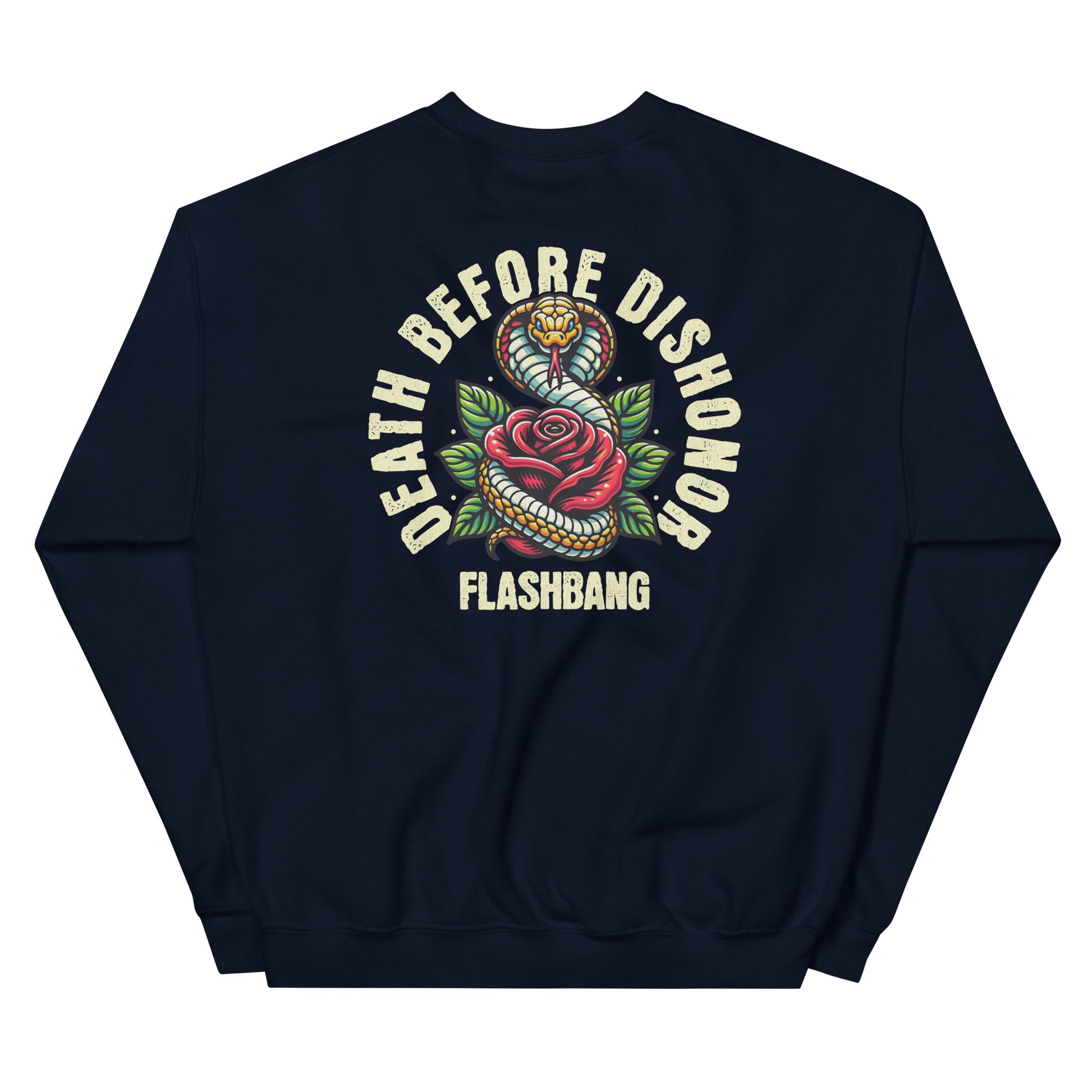 Navy blue sweatshirt with 'Death Before Dishonor Flashbang' graphic design on a white background