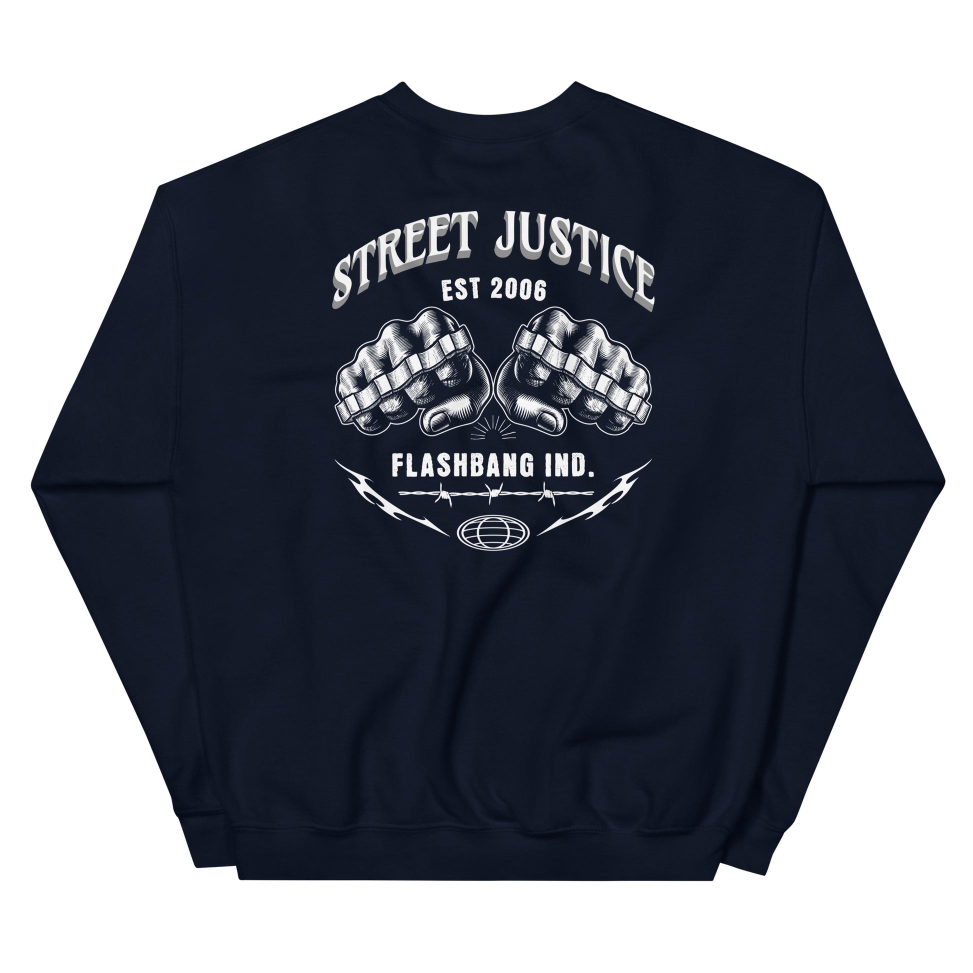 Navy blue sweatshirt with 'Street Justice' and 'Flashbang Ind.' design on a white background