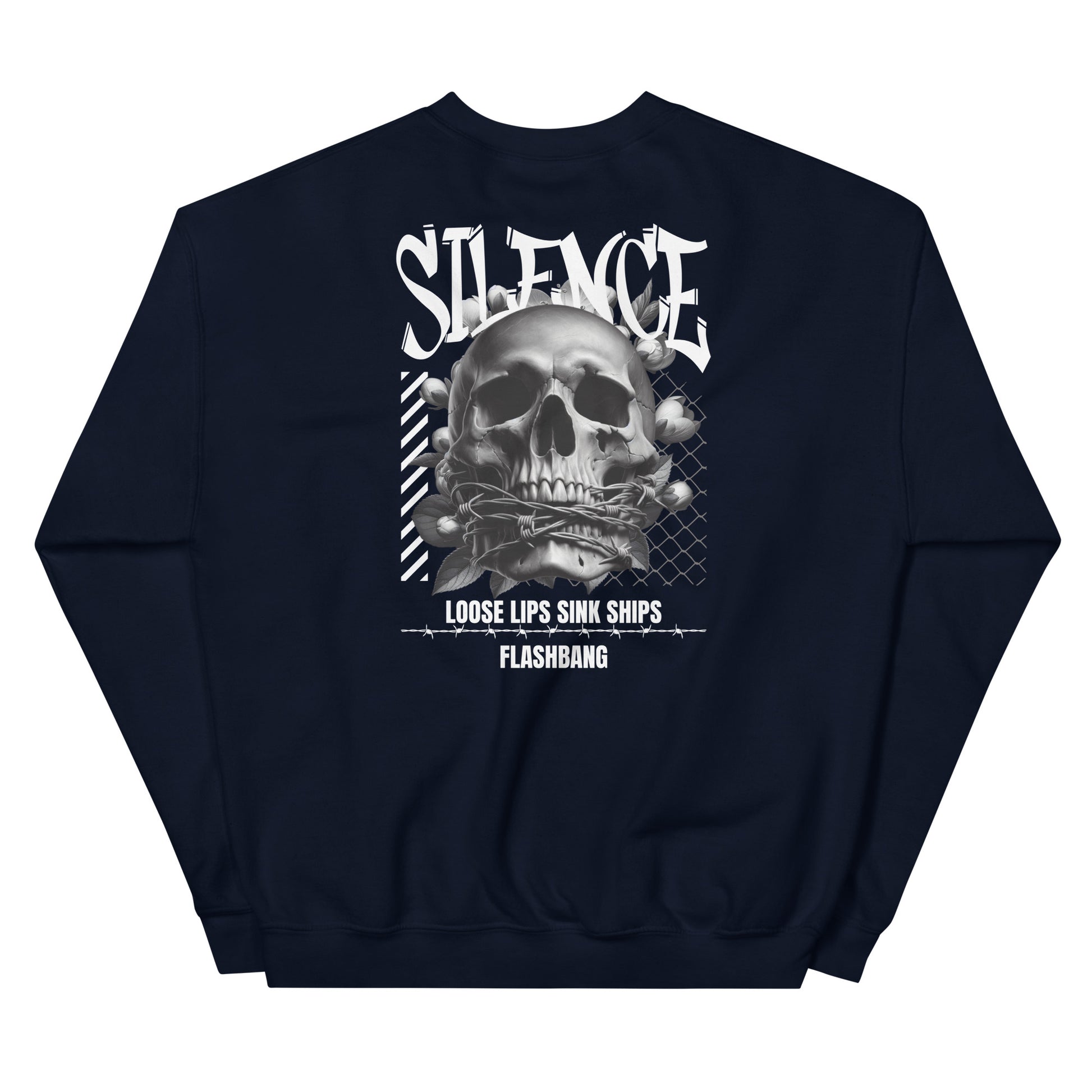 Black sweatshirt with a skull graphic and text on a white background