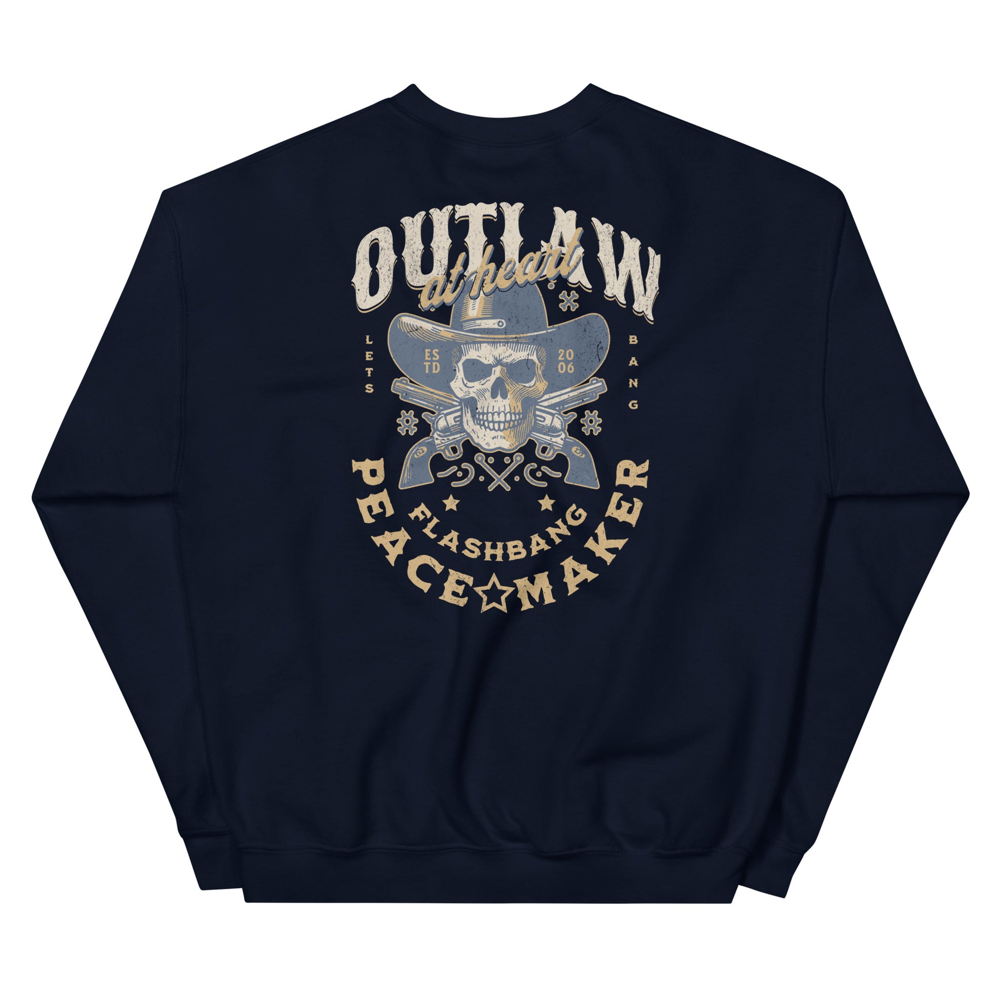 Navy blue sweatshirt with graphic design and text on a white background