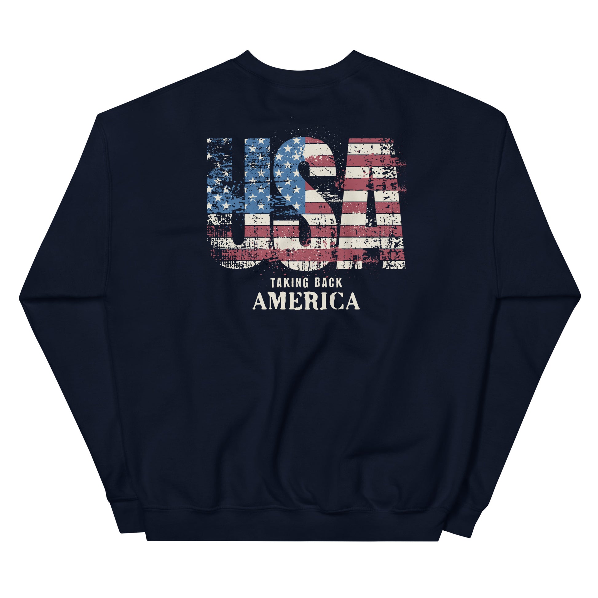 Navy blue sweatshirt with USA flag design and text on a white background