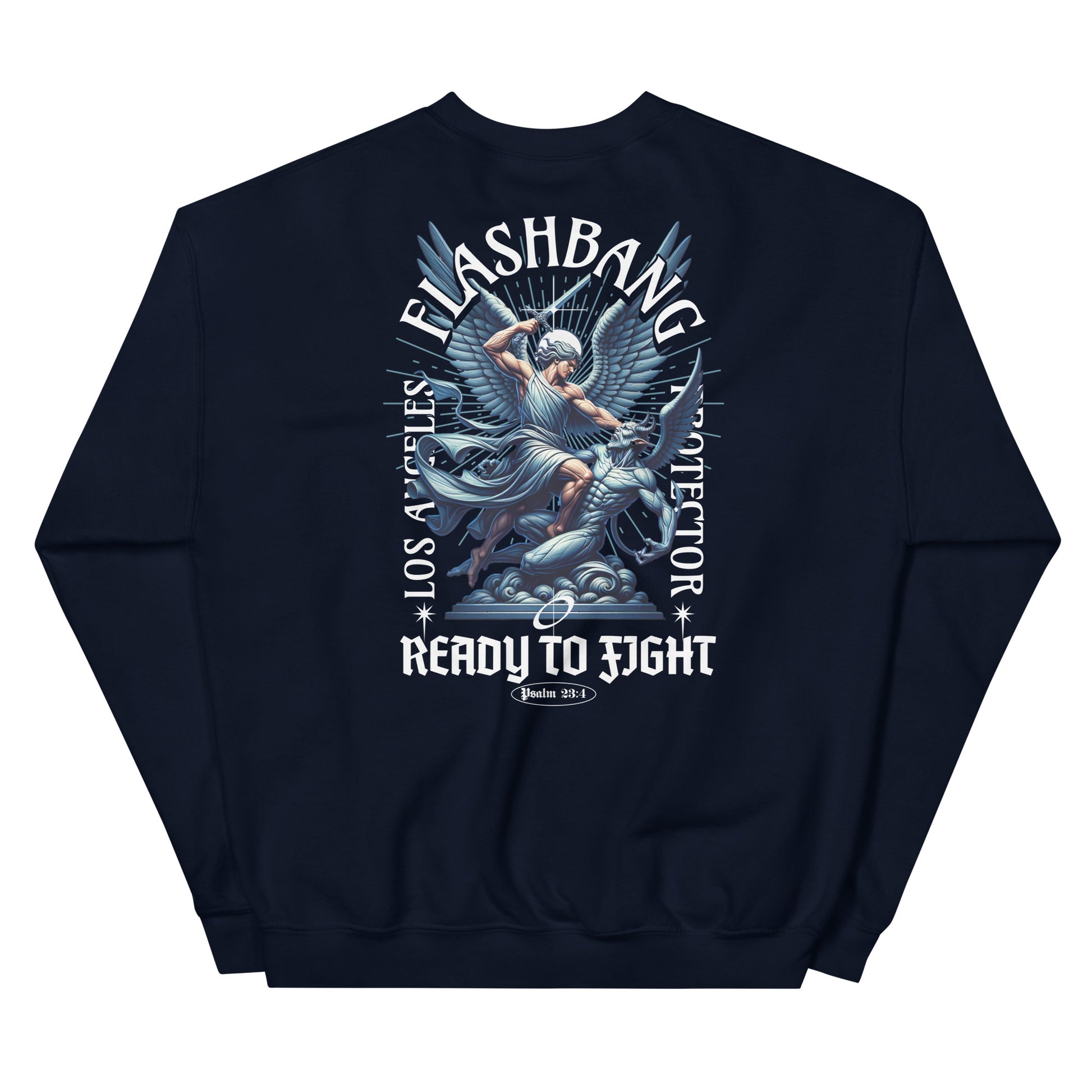 Navy blue sweatshirt with graphic design and text on a white background