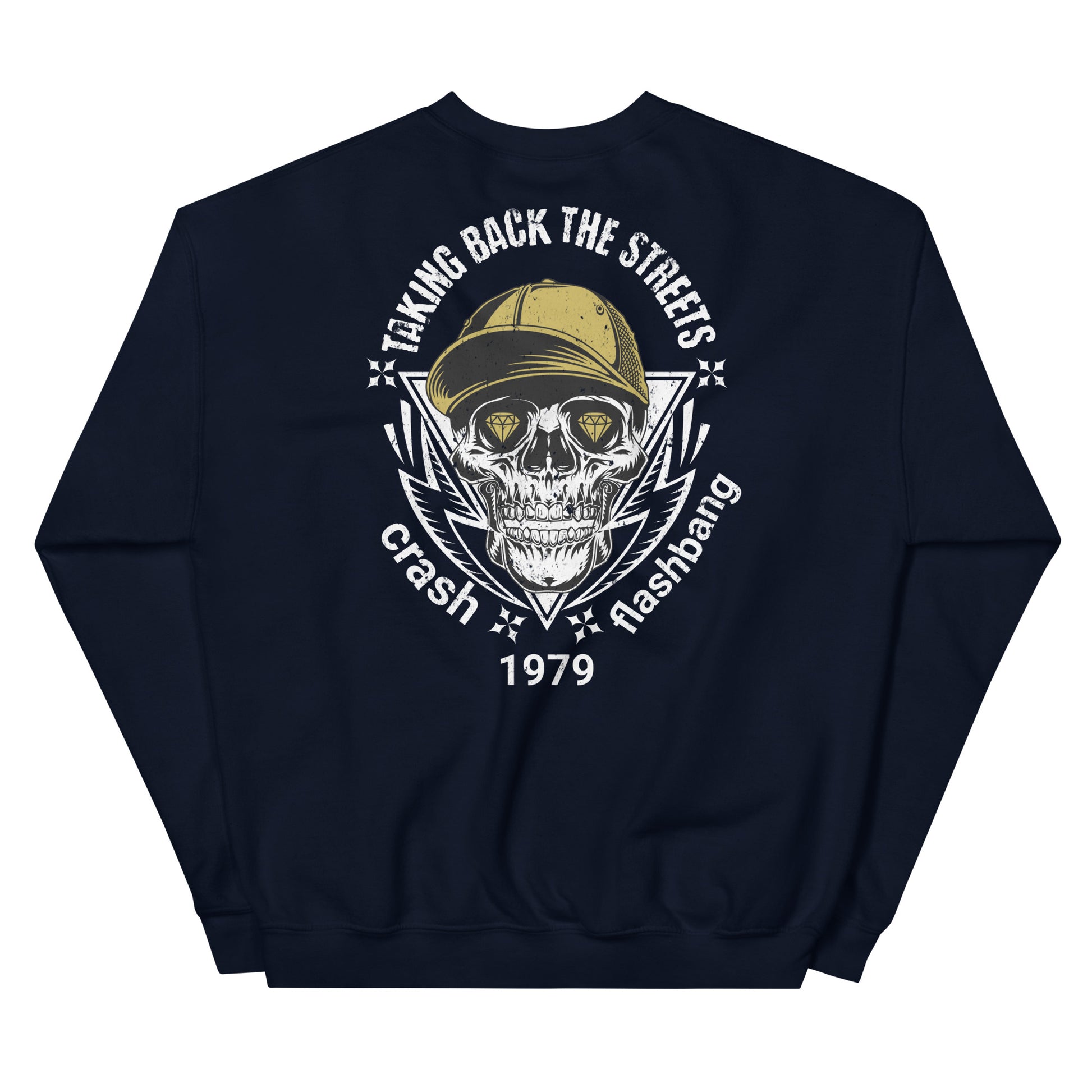 Navy blue sweatshirt with a skull graphic and text on a white background