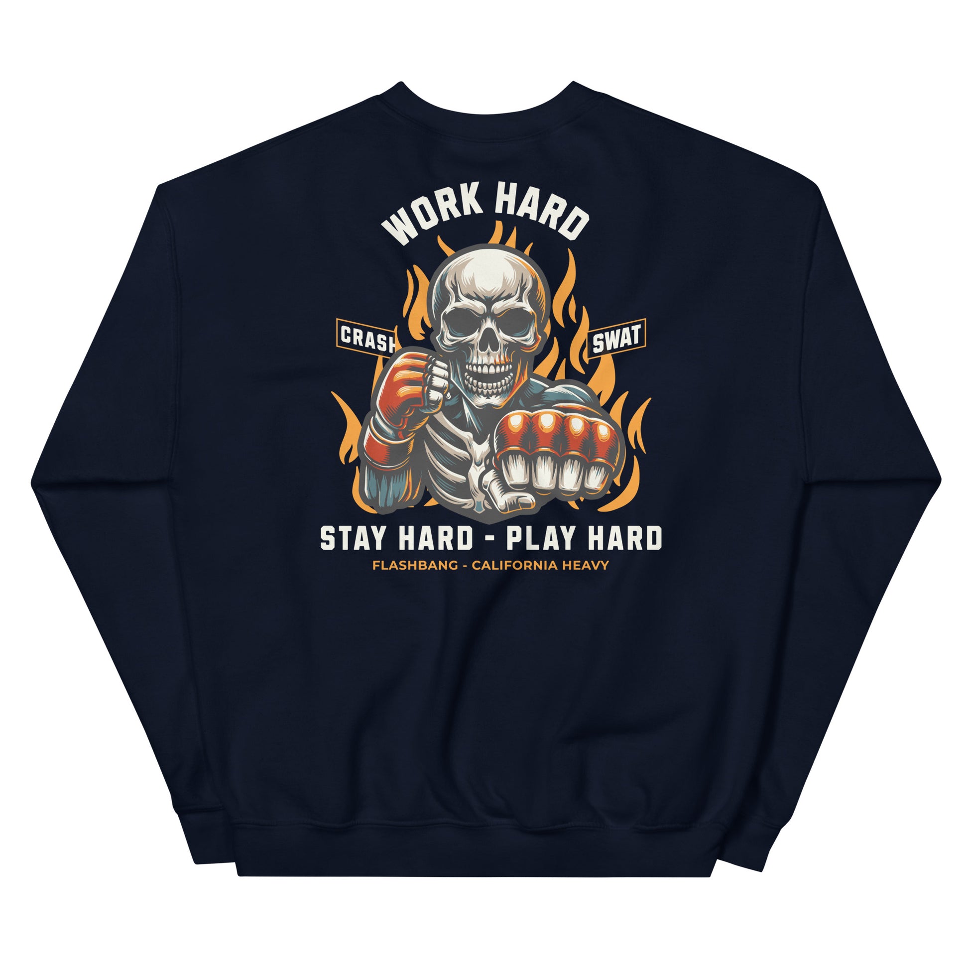 Navy blue sweatshirt with a graphic design featuring a skeleton holding a gun and flames, with text on a white background.