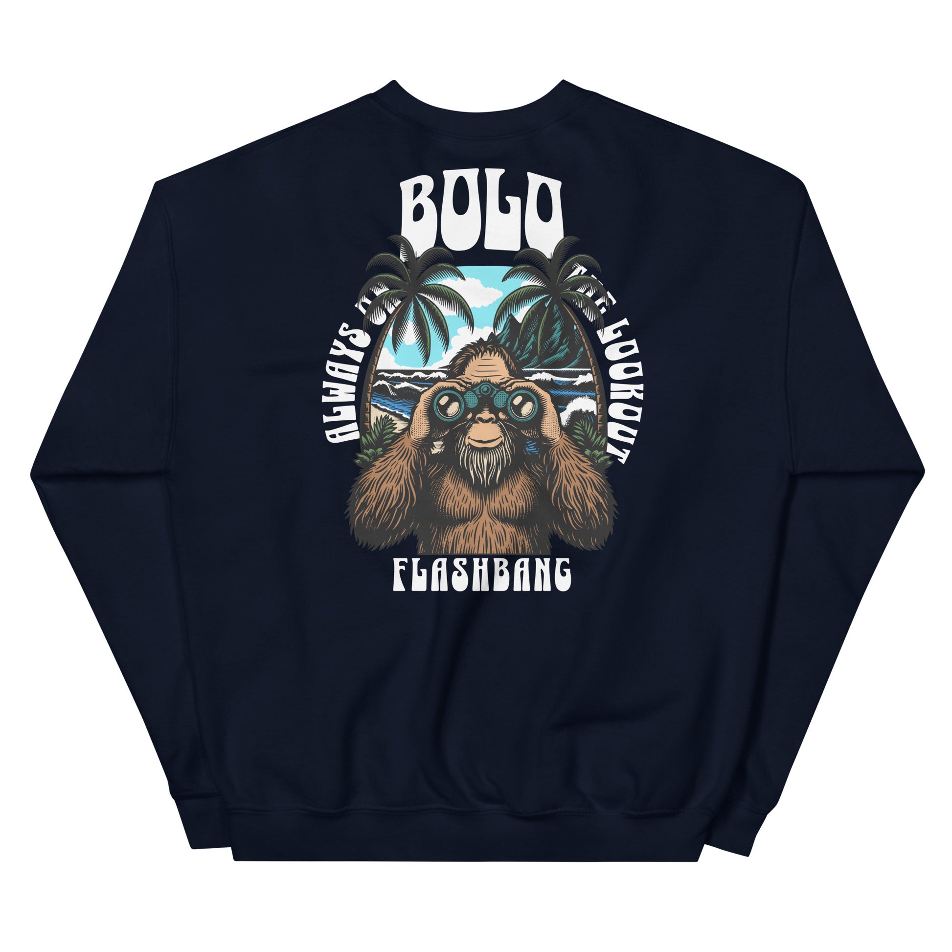 Navy blue sweatshirt with a graphic of a bear and text on the back, on a white background
