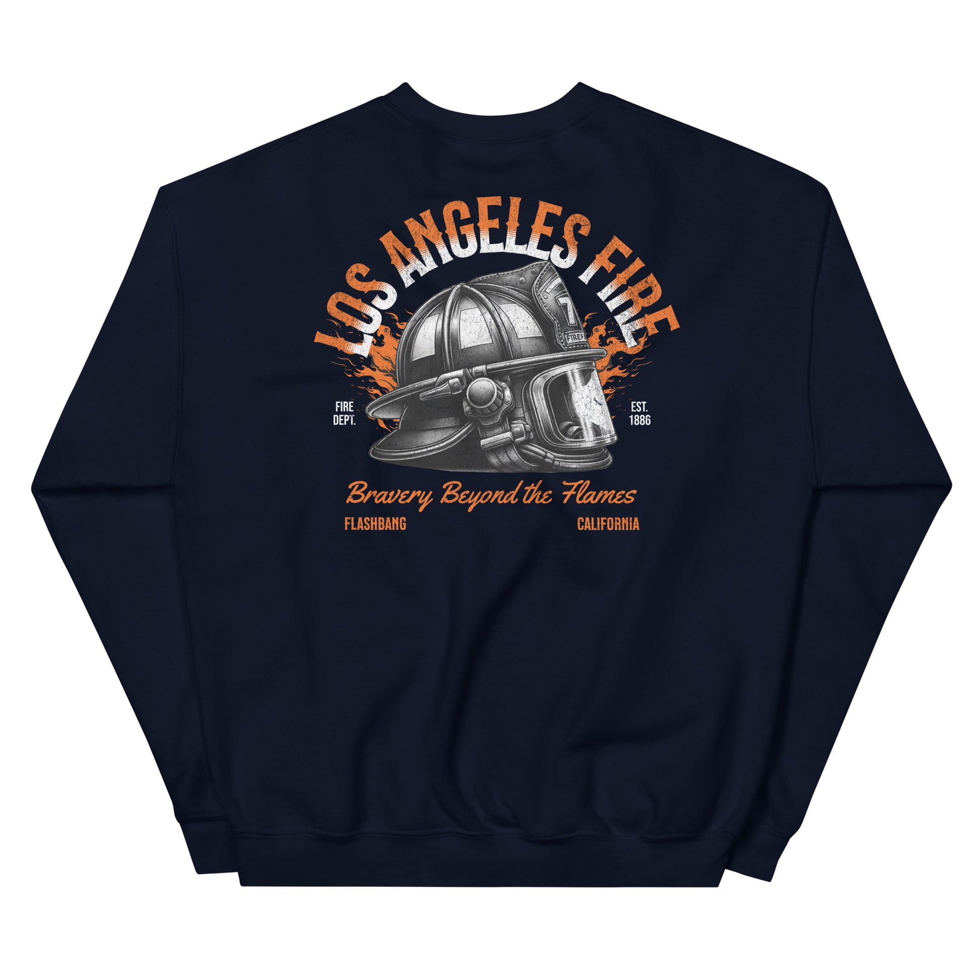 Navy blue sweatshirt with a fire helmet graphic and text on a white background
