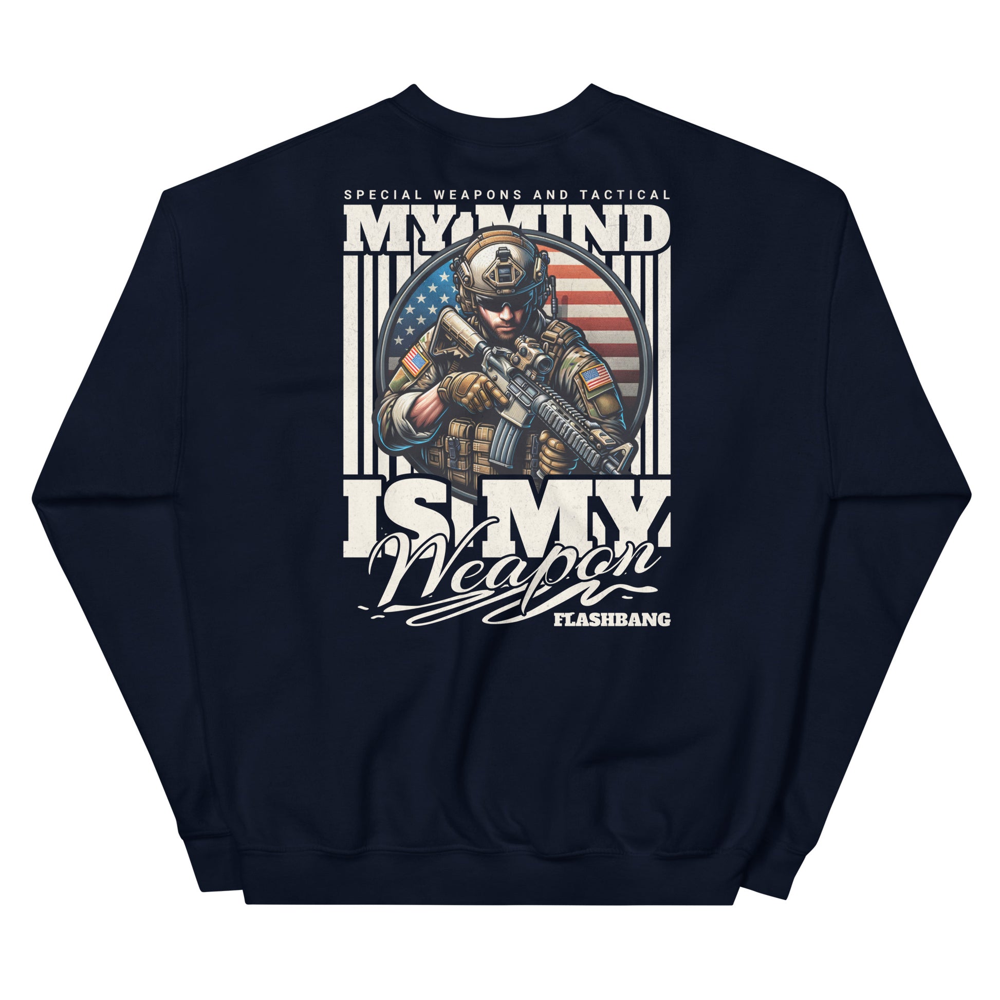 Navy blue sweatshirt with graphic design of a soldier and text on a white background