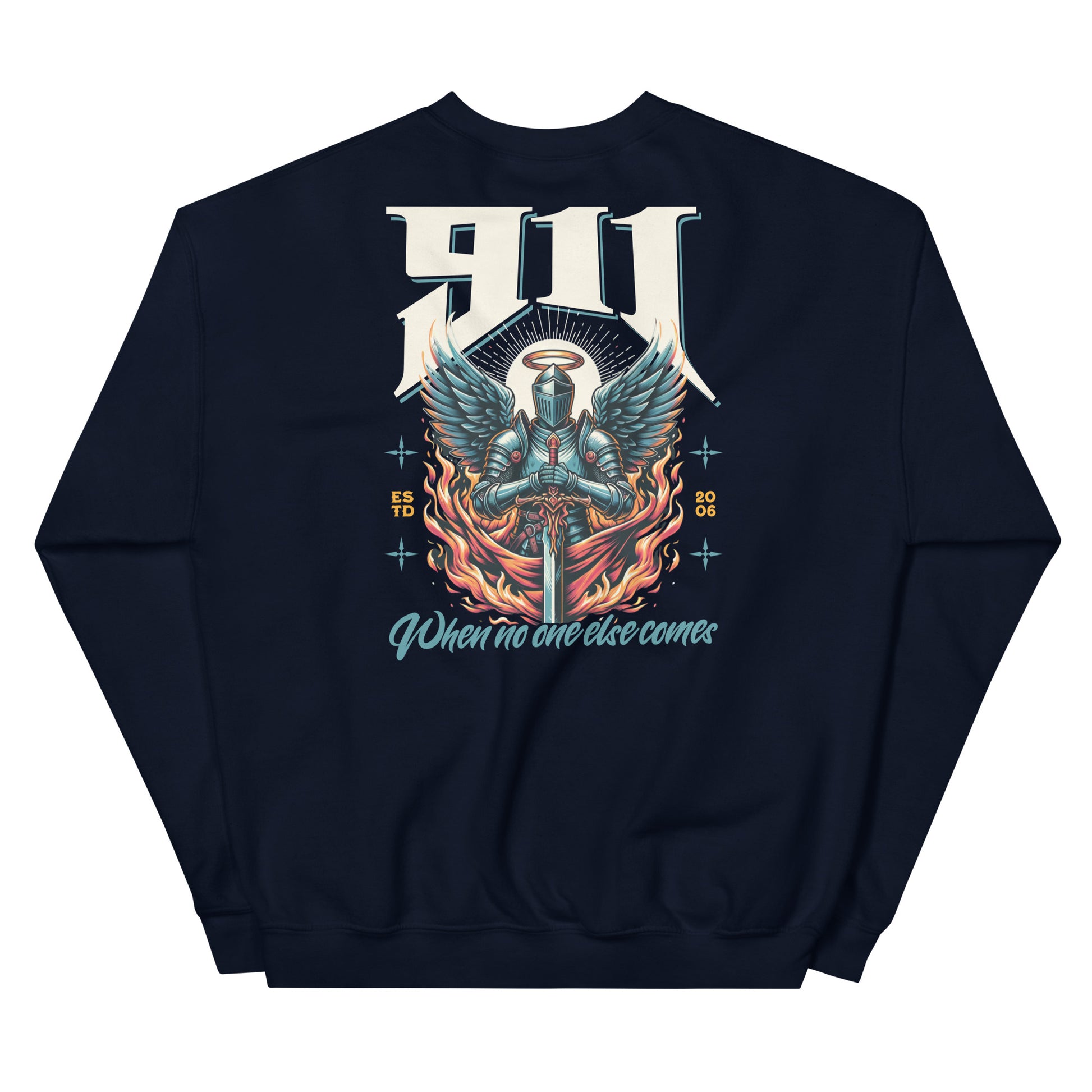 Navy blue sweatshirt with a graphic design on the back featuring a knight and wings.