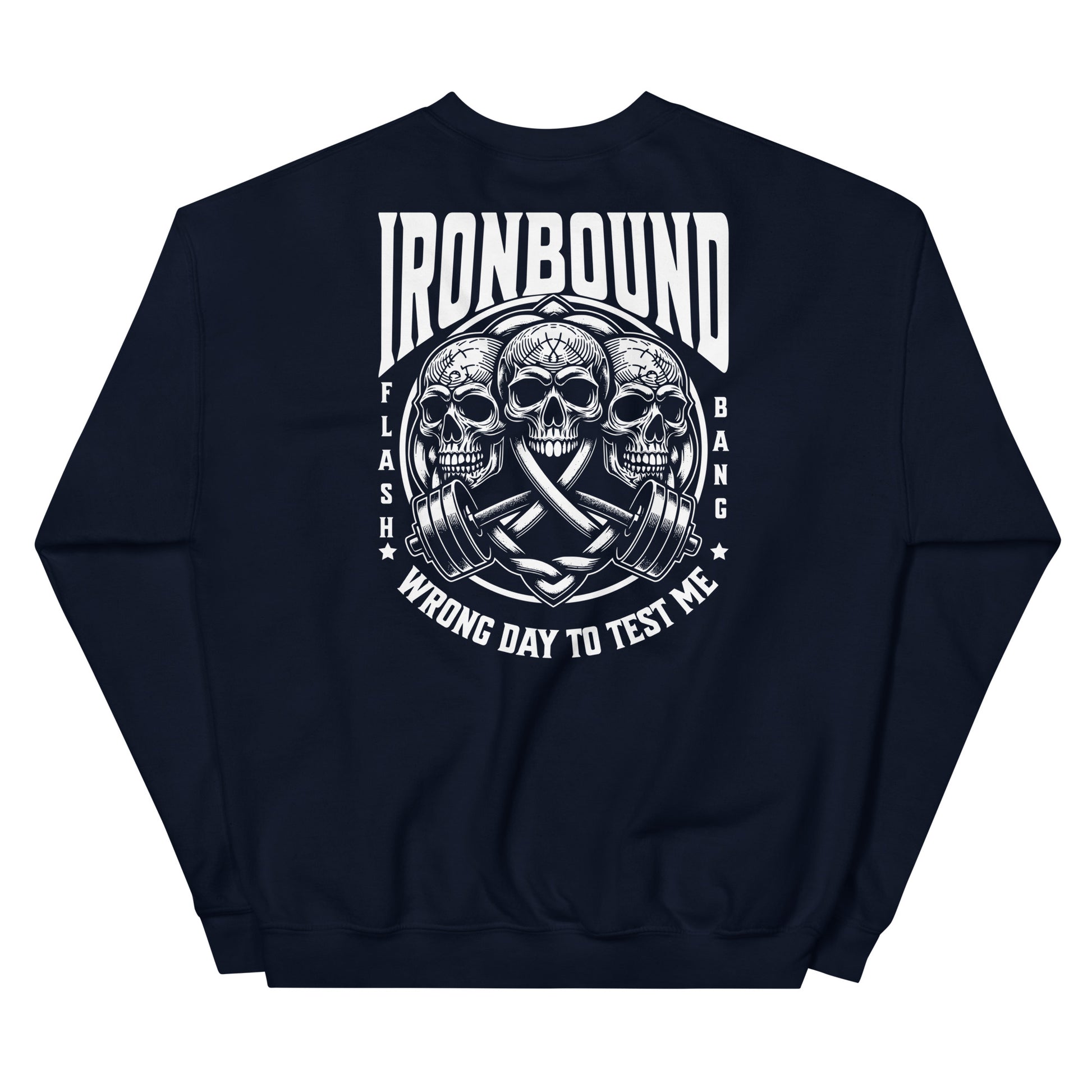 Black sweatshirt with skull and barbell graphic and 'IRONBOUND' text on a white background