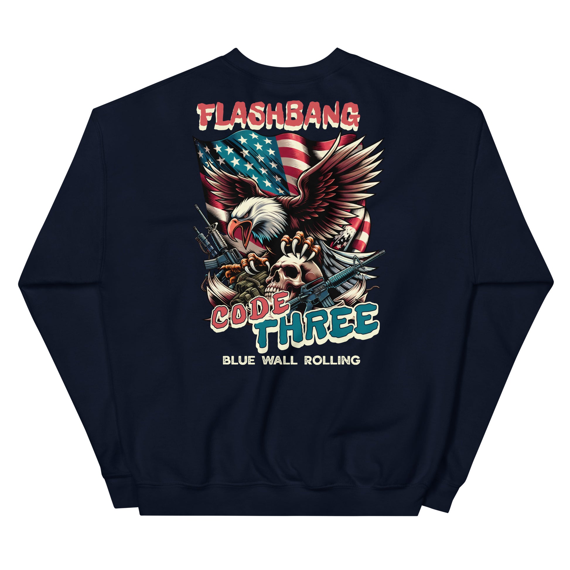 Navy blue sweatshirt with graphic design featuring an eagle, American flag, and text on a white background
