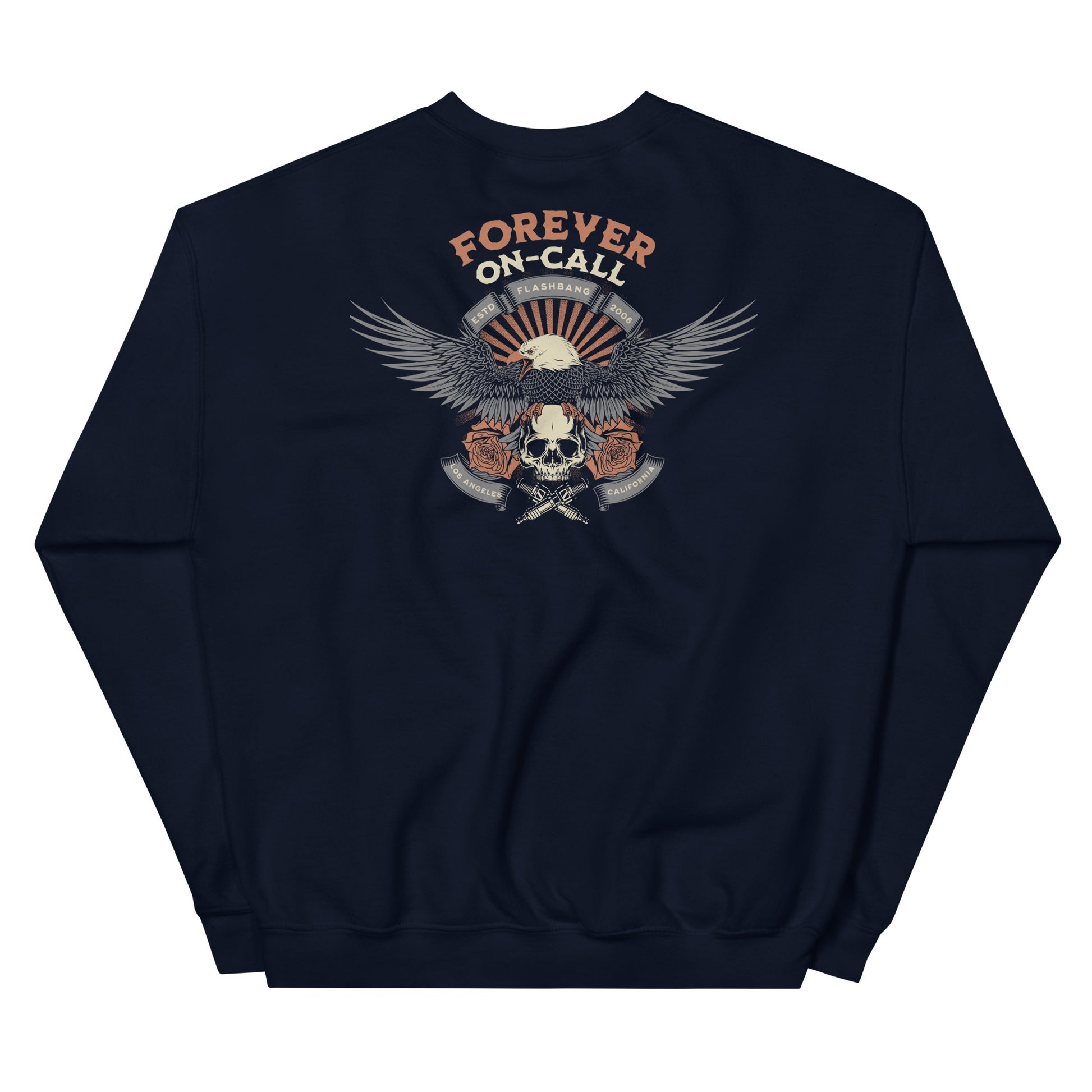Navy blue sweatshirt with eagle and skull design on a white background
