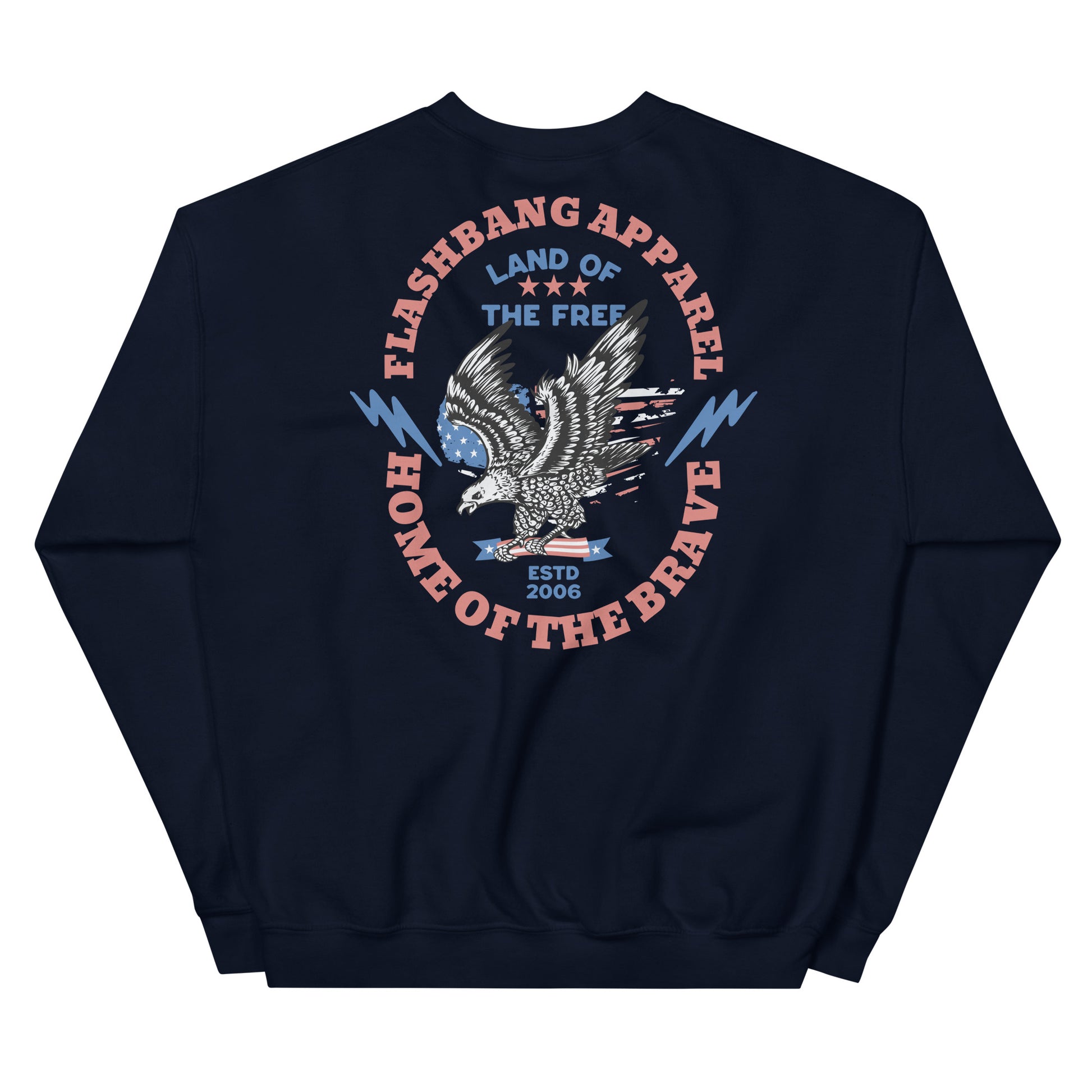 Navy blue sweatshirt with an eagle design and text on a white background