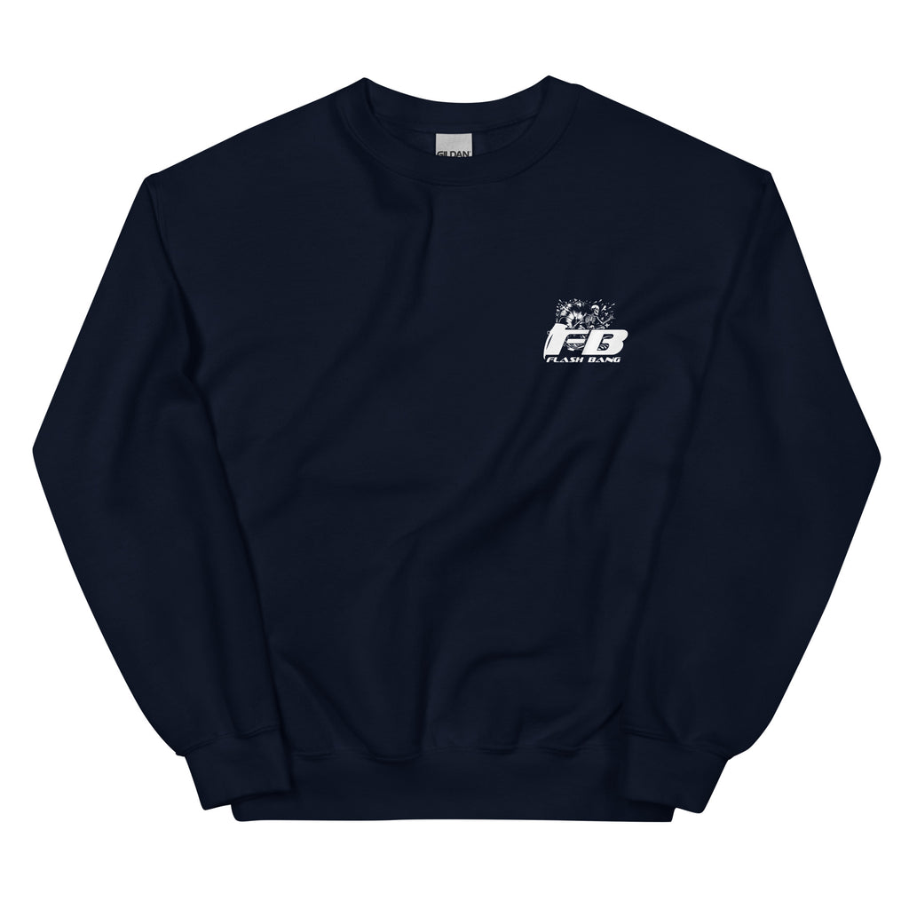Navy blue sweatshirt with a logo on the chest against a white background