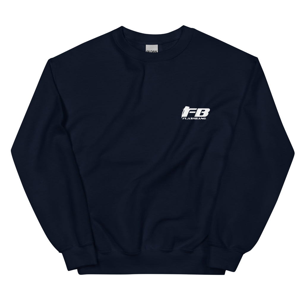 Black sweatshirt with a logo on the chest against a white background