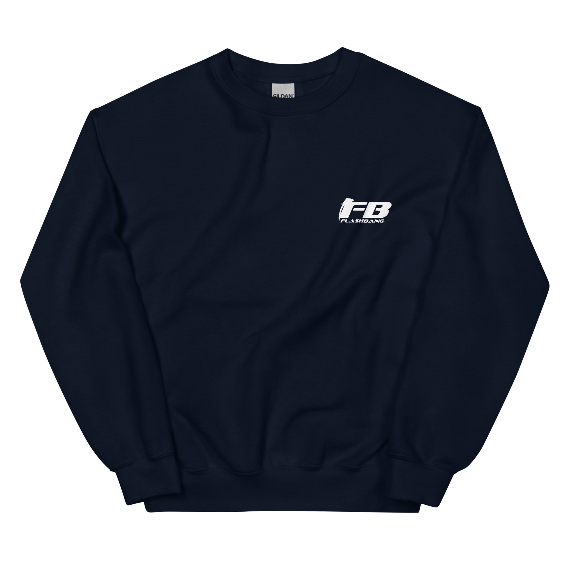 Black sweatshirt with a logo on the chest against a white background