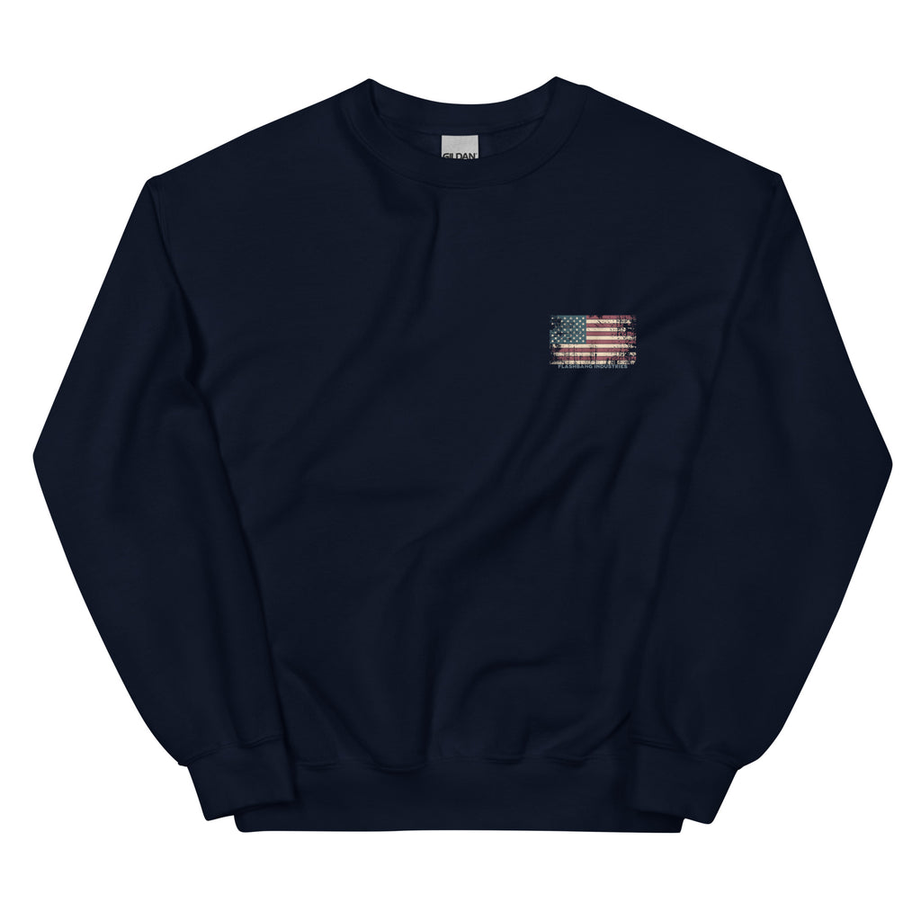 Navy blue sweatshirt with a small American flag patch on a white background