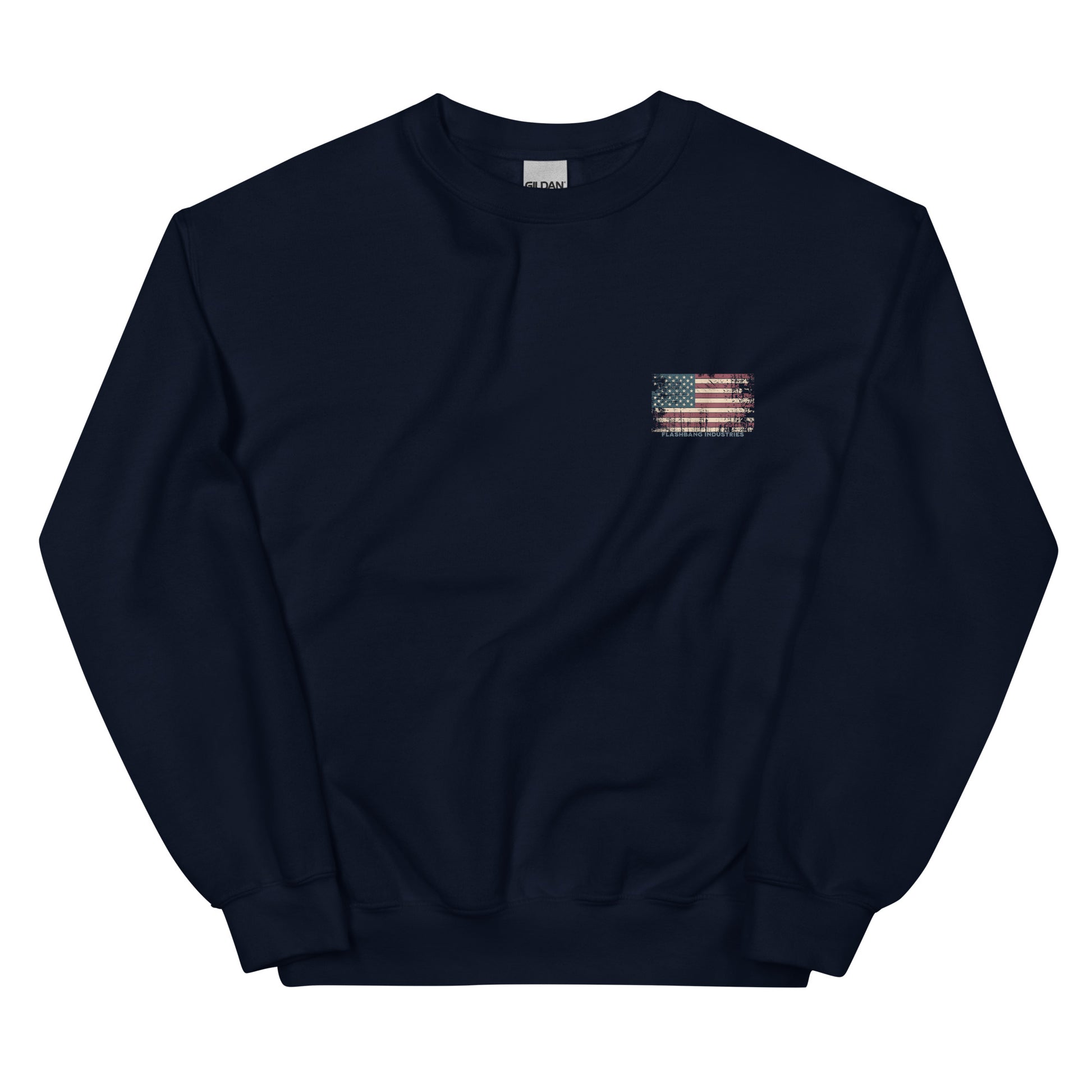 Navy blue sweatshirt with a small American flag patch on a white background