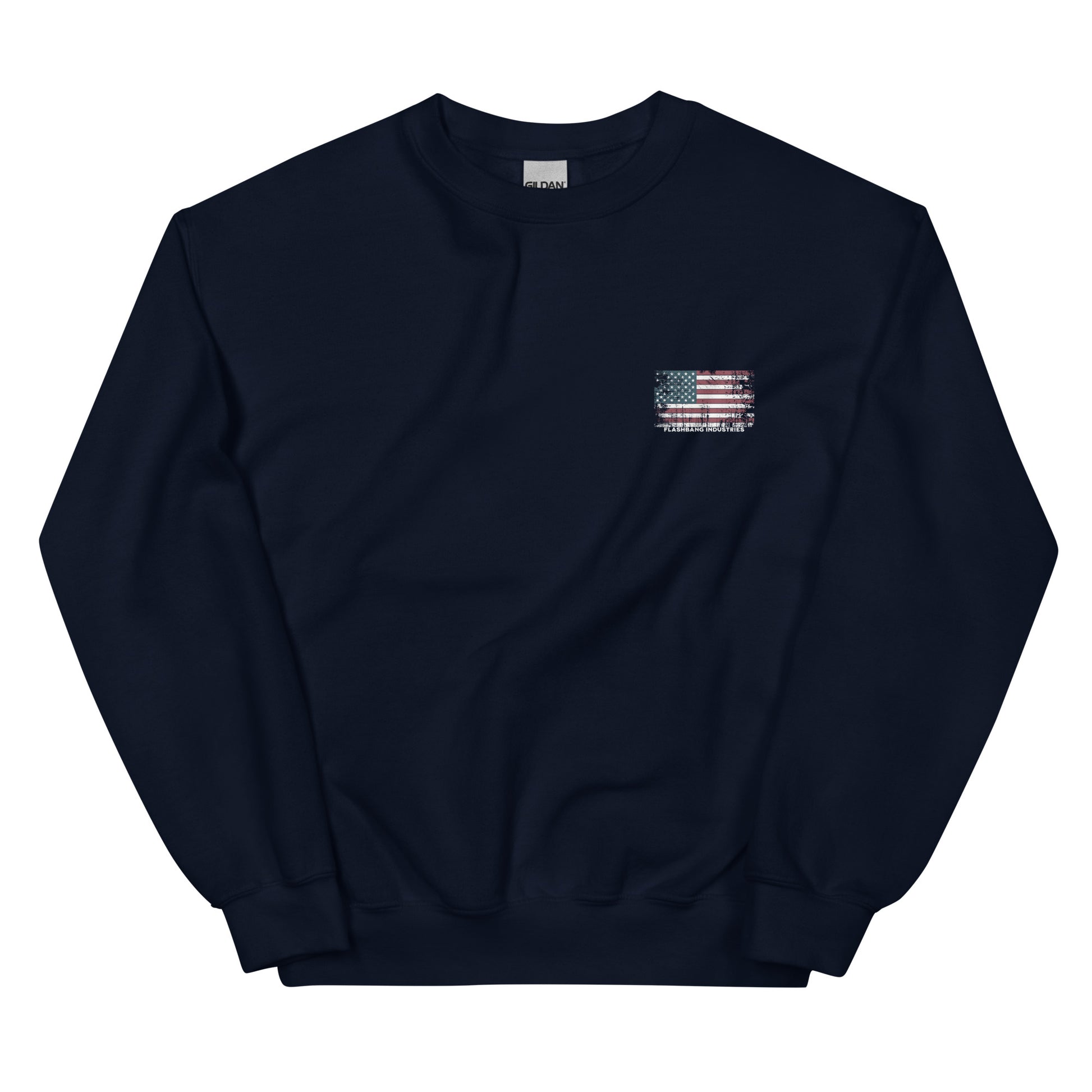 Navy blue sweatshirt with a small flag patch on a white background