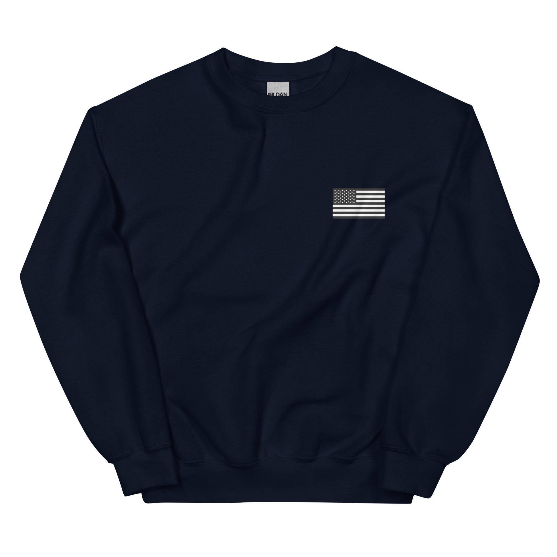 Navy blue sweatshirt with a small flag patch on a white background