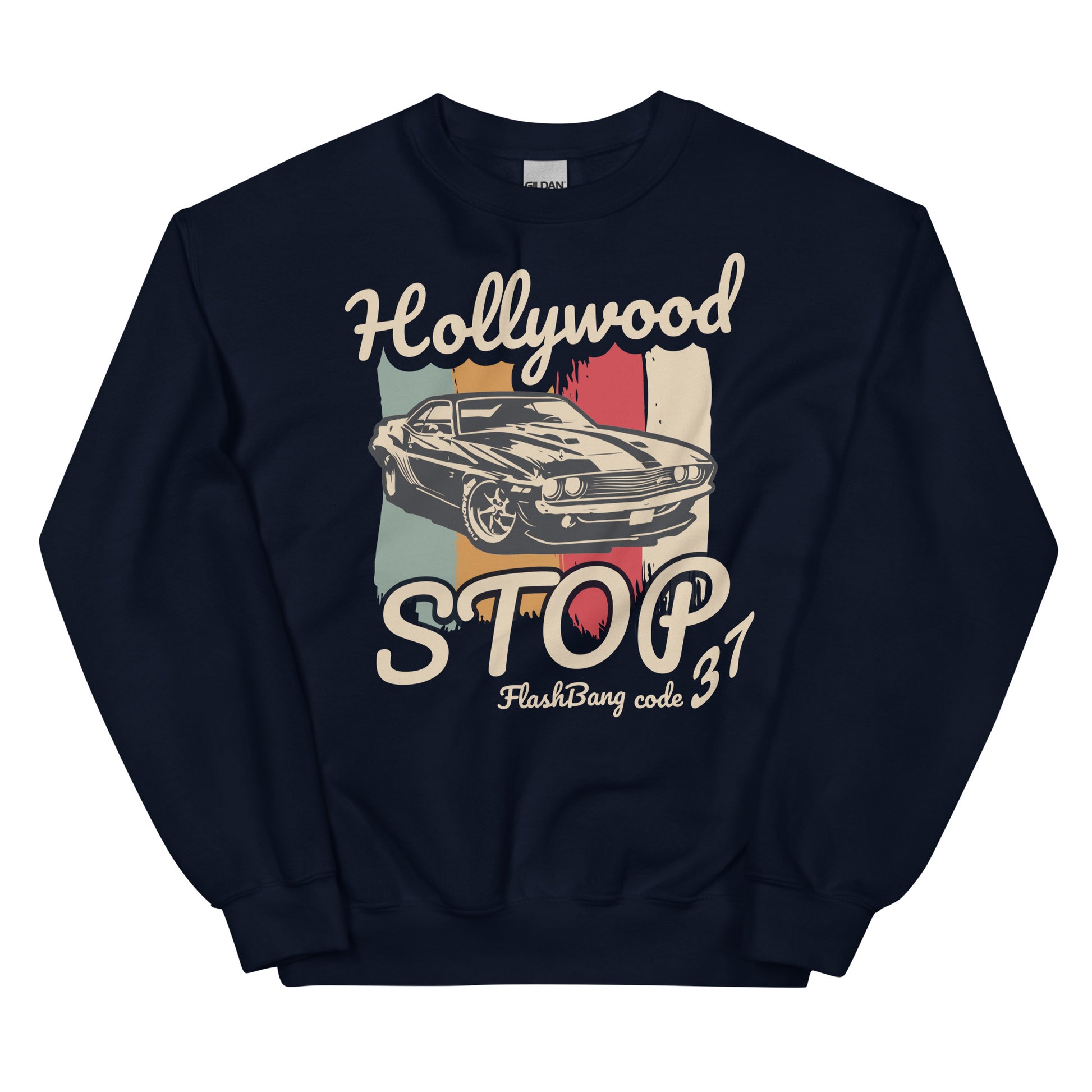 Navy blue sweatshirt with vintage car graphic and text on a white background